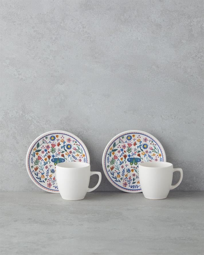 Butterfly Ceramic 4 Pieces 2 Seater Coffee Cup Set 110 ml Blue