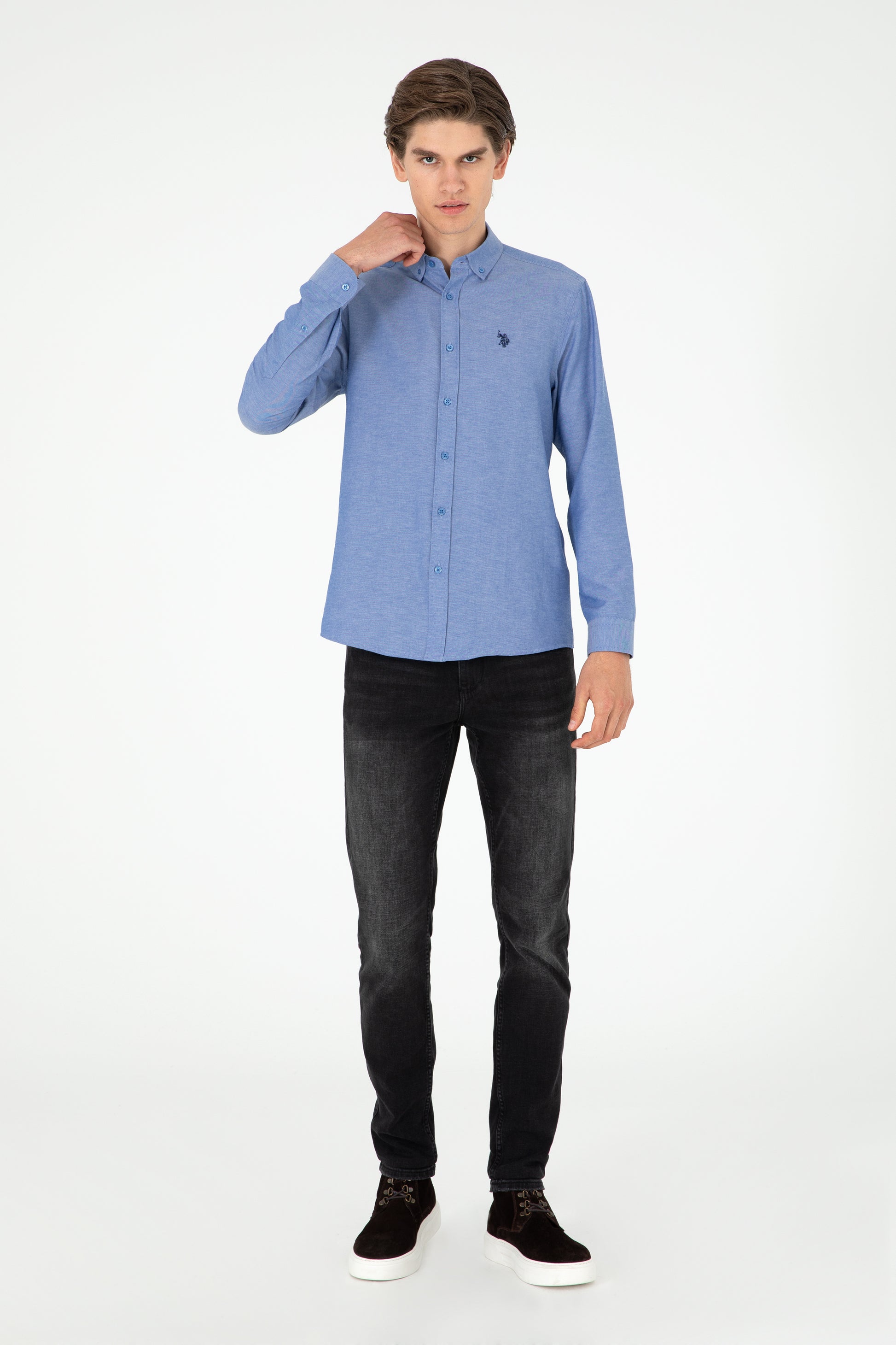 Men's Dark Blue Long Sleeve Basic Shirt