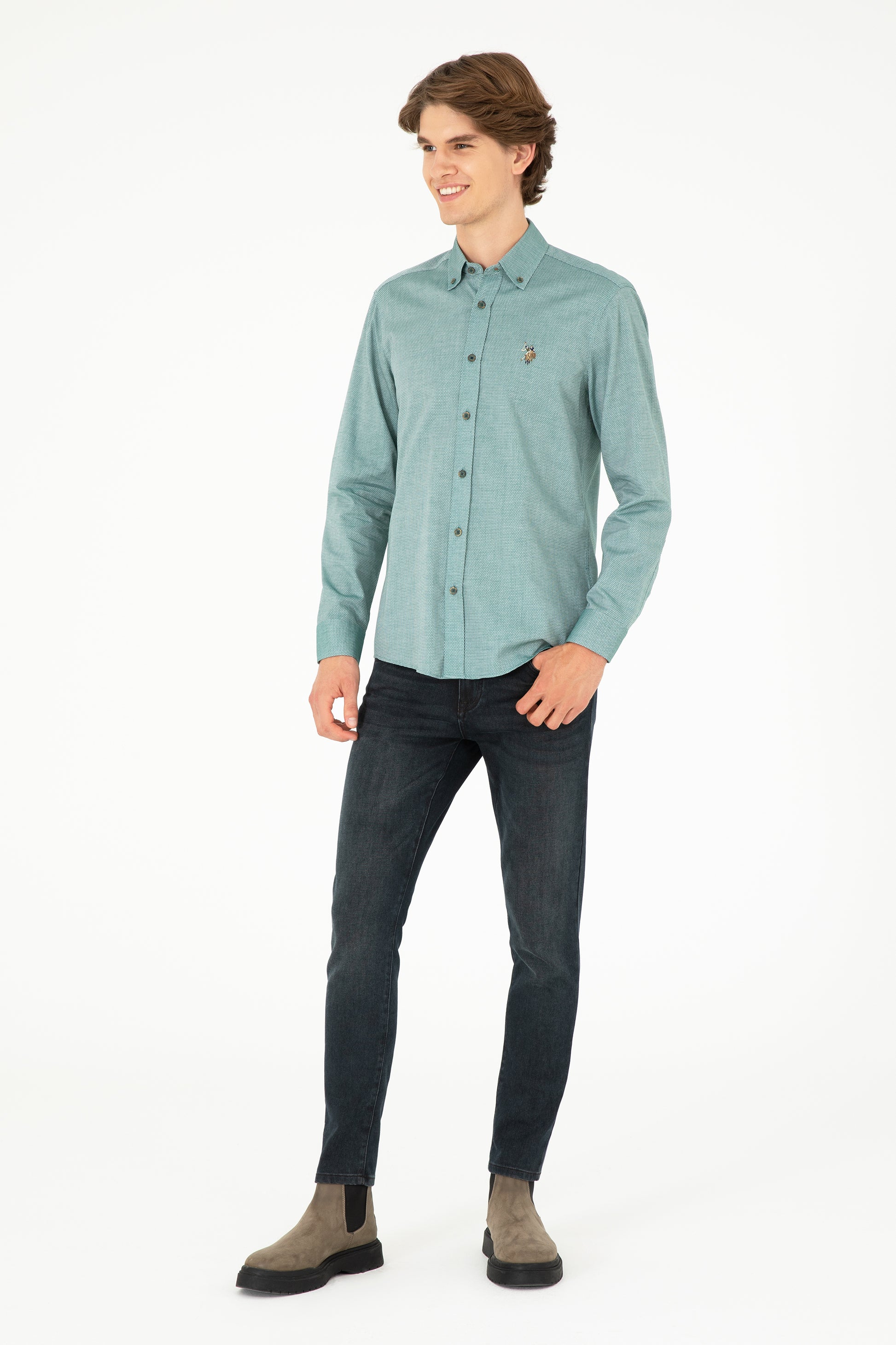 Men's Dark Green Long Sleeve Basic Shirt