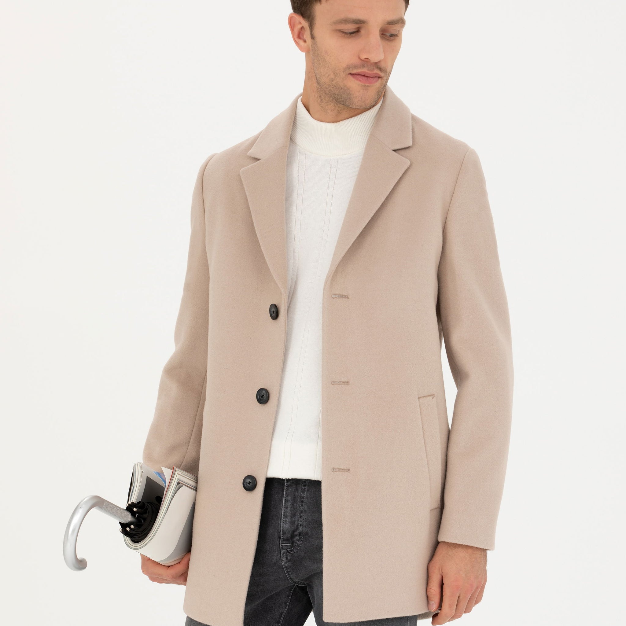 Beige Extra Slim Fit Wool Blend Cashmere Coat