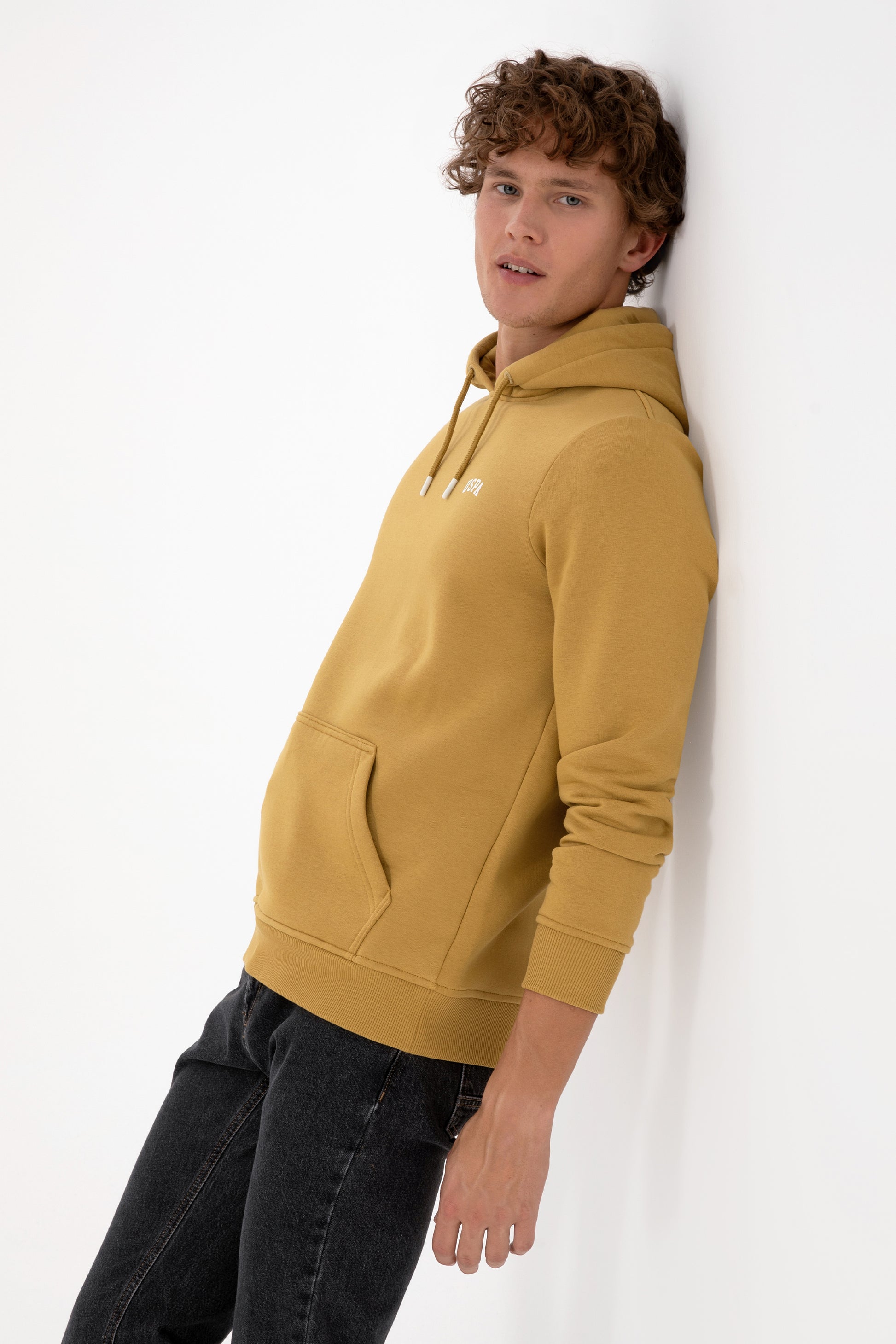 Erkek Regular Fit Kapüşonlu Hardal Basic Sweatshirt