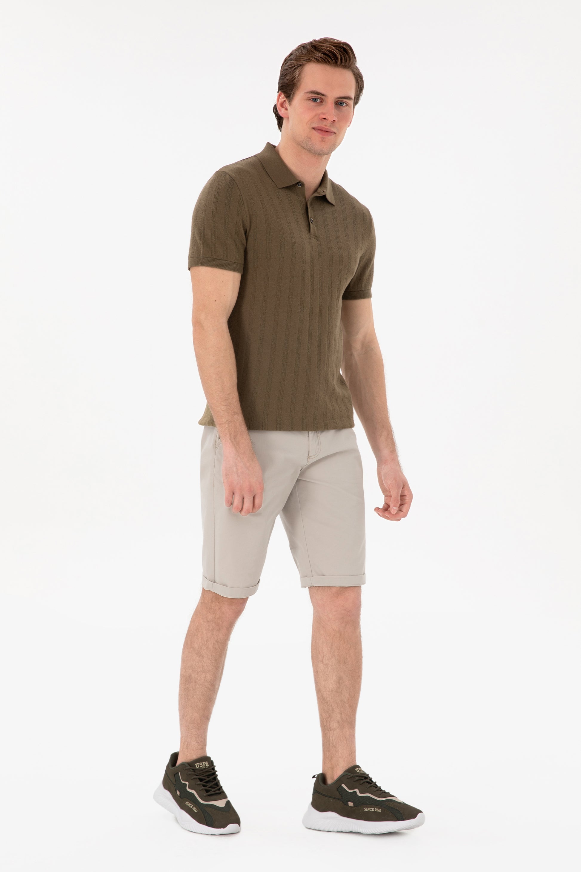 Men's Slim Fit Polo Neck Khaki Sweater T-Shirt