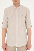 Mens Judge Collar Striped Khaki Shirt