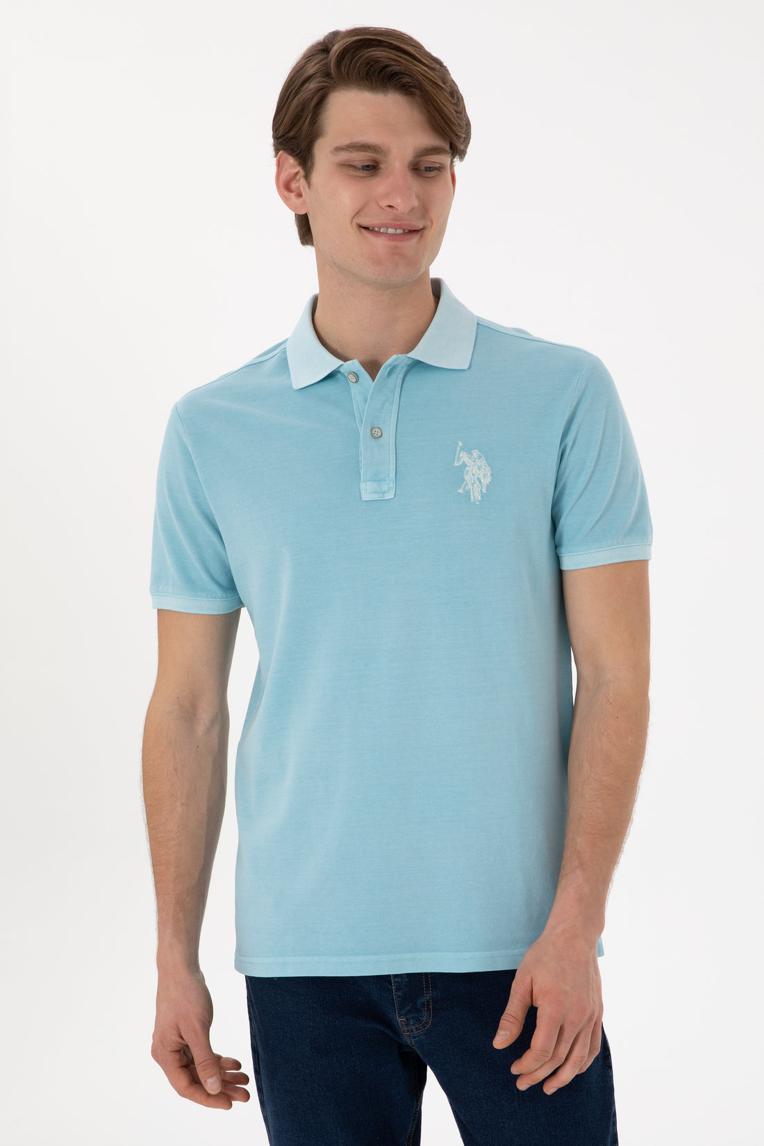 Men's Slim Fit Polo Neck Light Blue Wash Basic T-Shirt