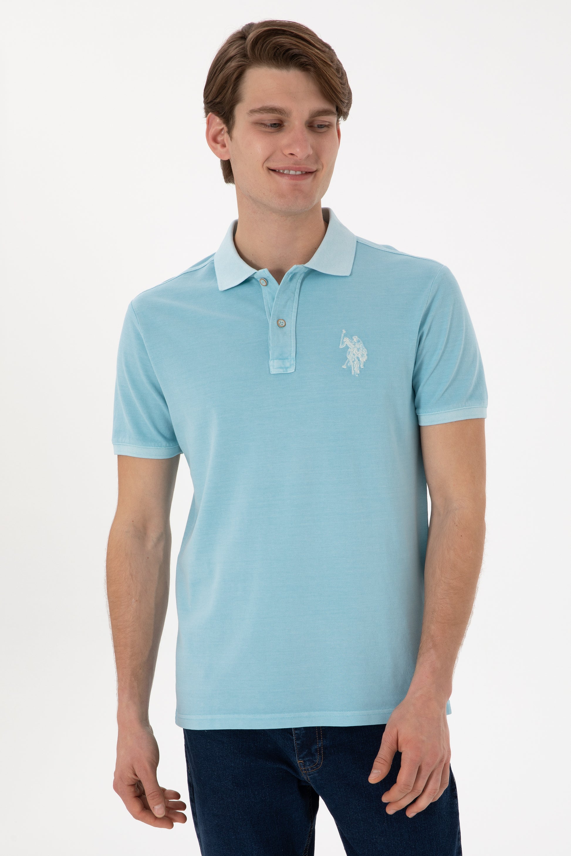 Men's Slim Fit Polo Neck Light Blue Wash Basic T-Shirt