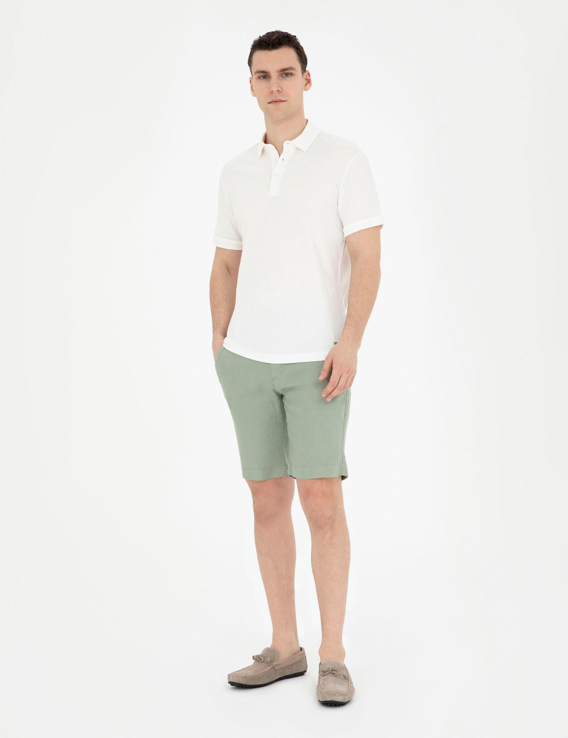 Green Slim Fit Linen Waist Elastic Woven Shorts