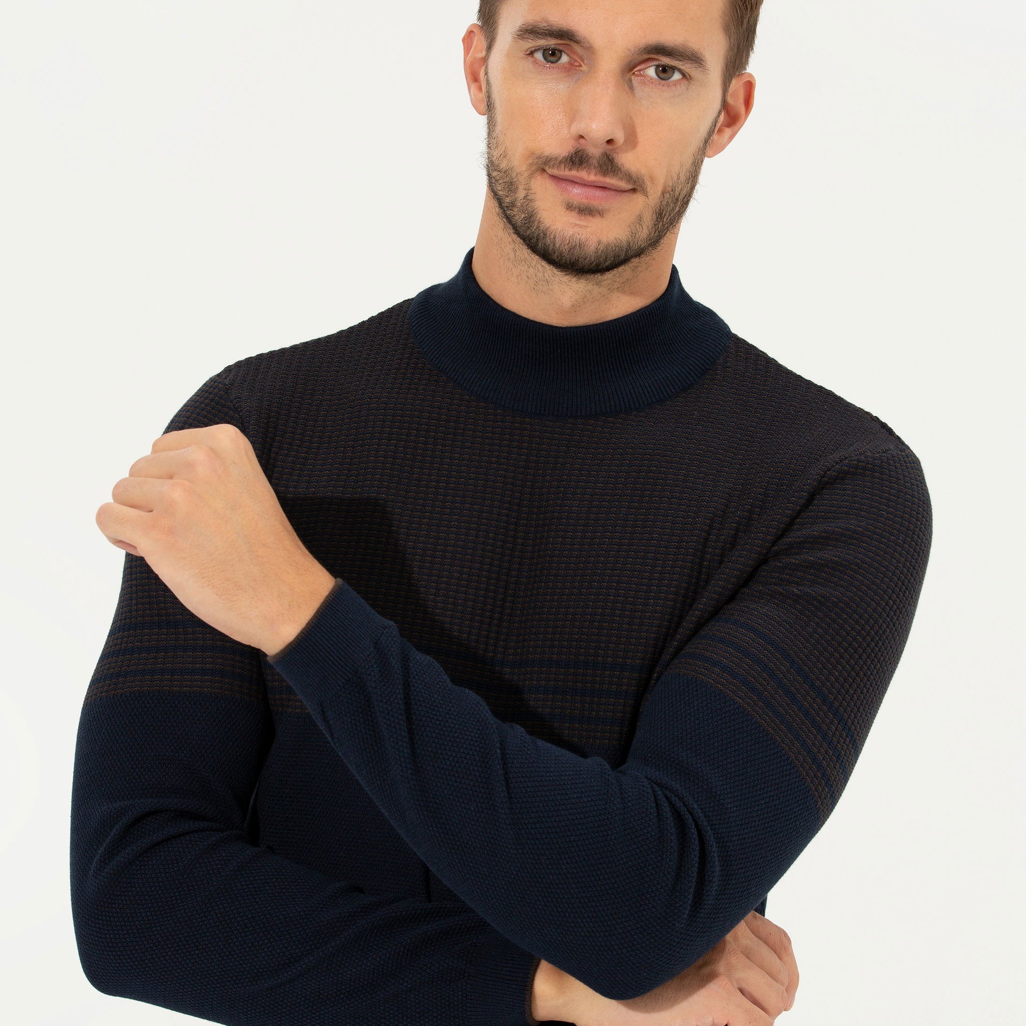 Navy Blue Slim Fit Half Turtleneck Sweater