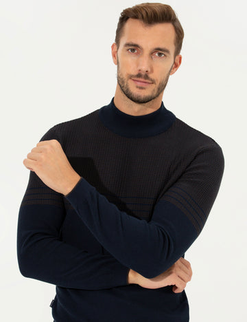 Navy Blue Slim Fit Half Turtleneck Sweater