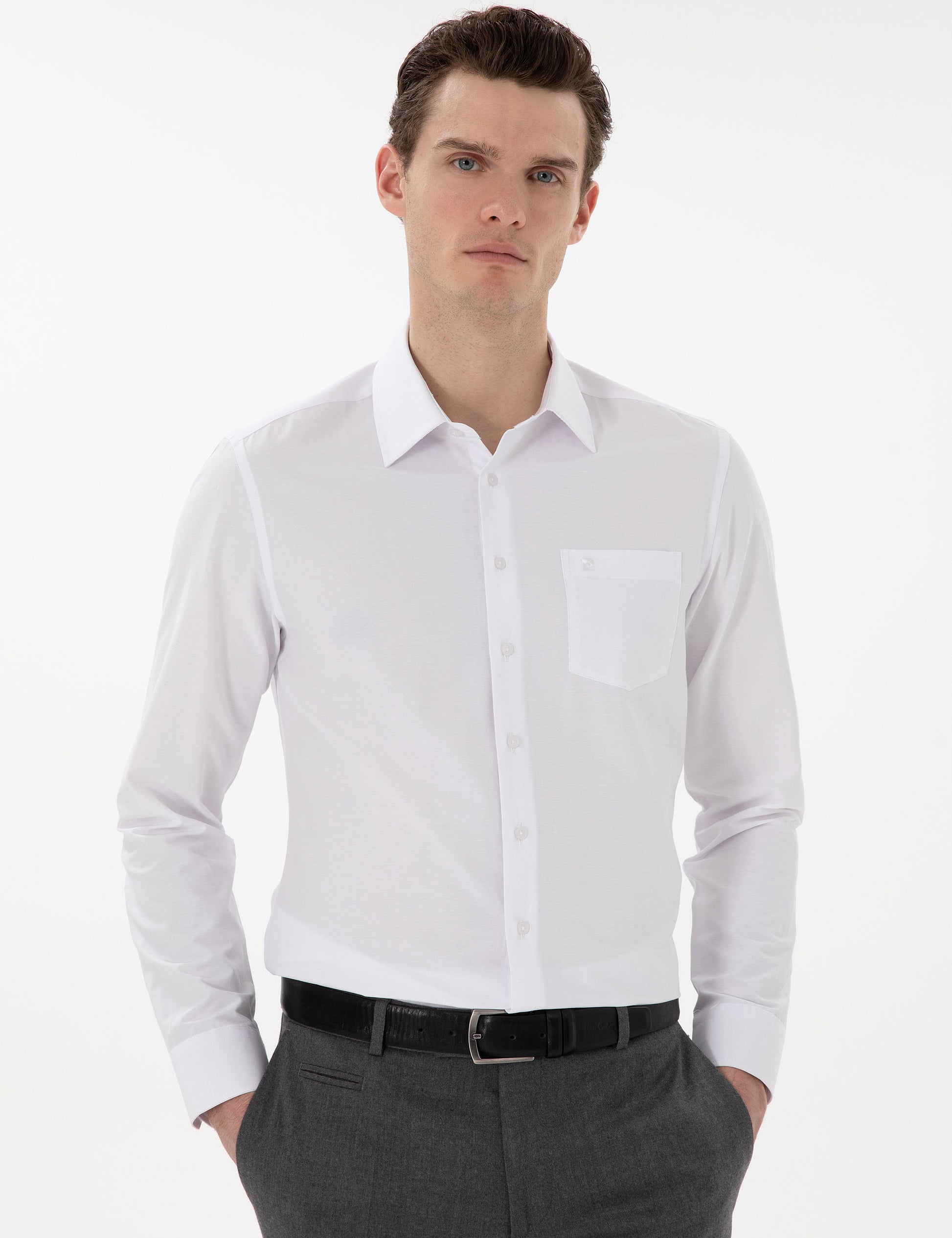 White Regular Fit Long Sleeve Basic Pocket Shirt