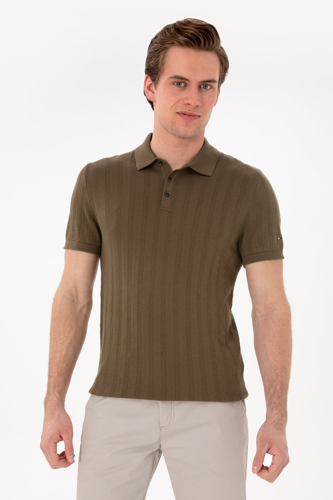 Men's Slim Fit Polo Neck Khaki Sweater T-Shirt