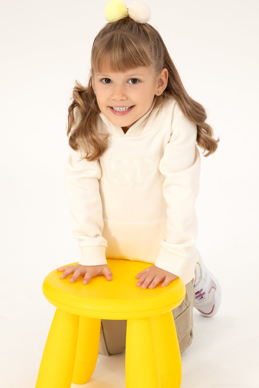 Girls' Cream Hooded Basic Sweatshirt