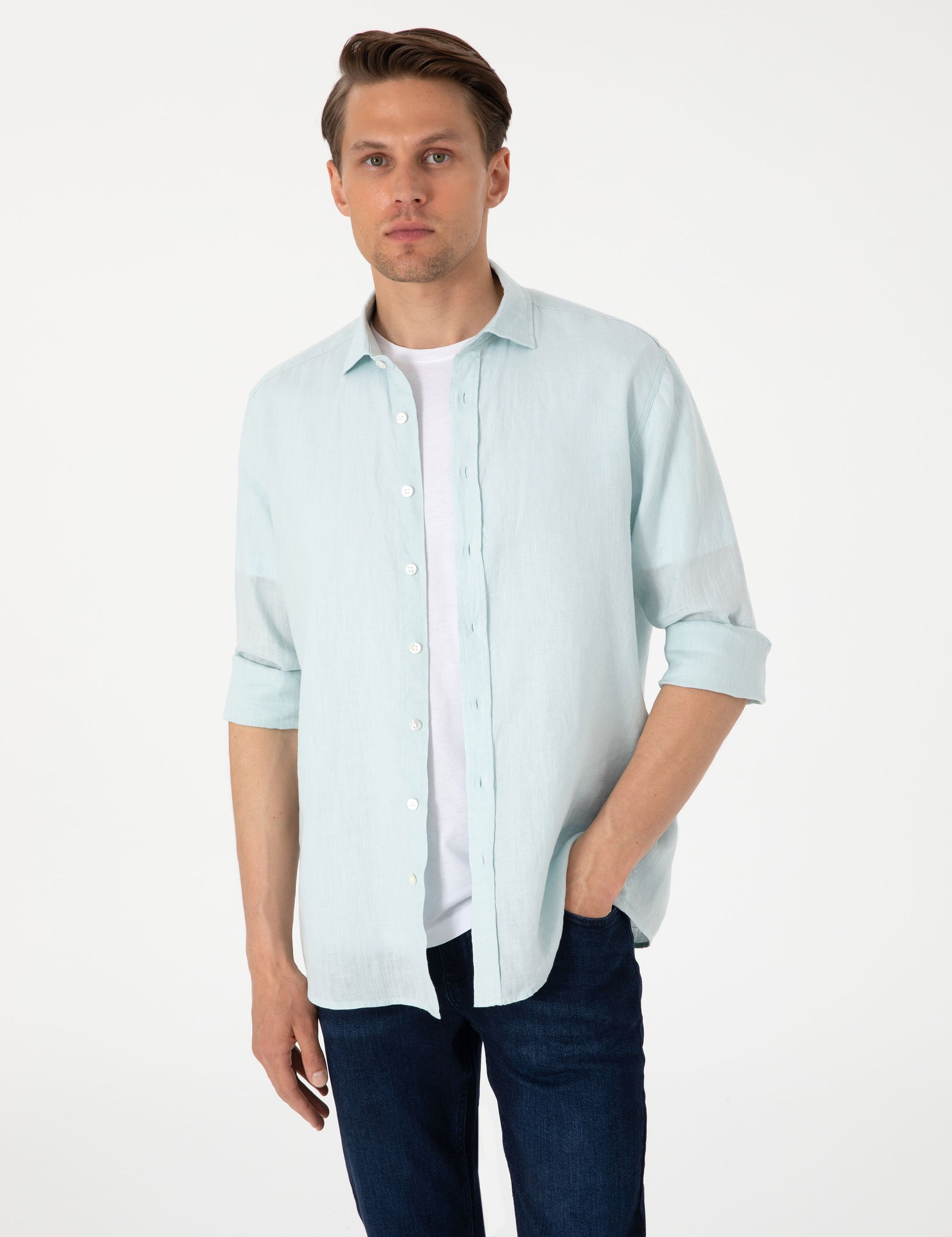 Su Ye��ili %100 Keten Regular Fit Uzunkollu G��mlek