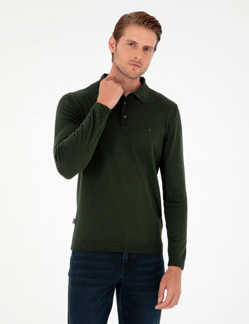 Dark Green Slim Fit Polo Neck Basic Knitwear Sweater