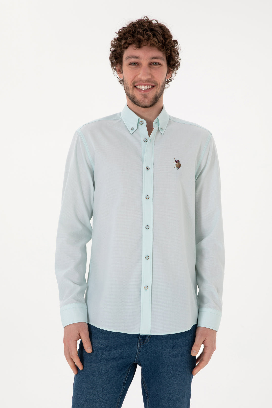 Men's Water Green Long Sleeve Basic Shirt