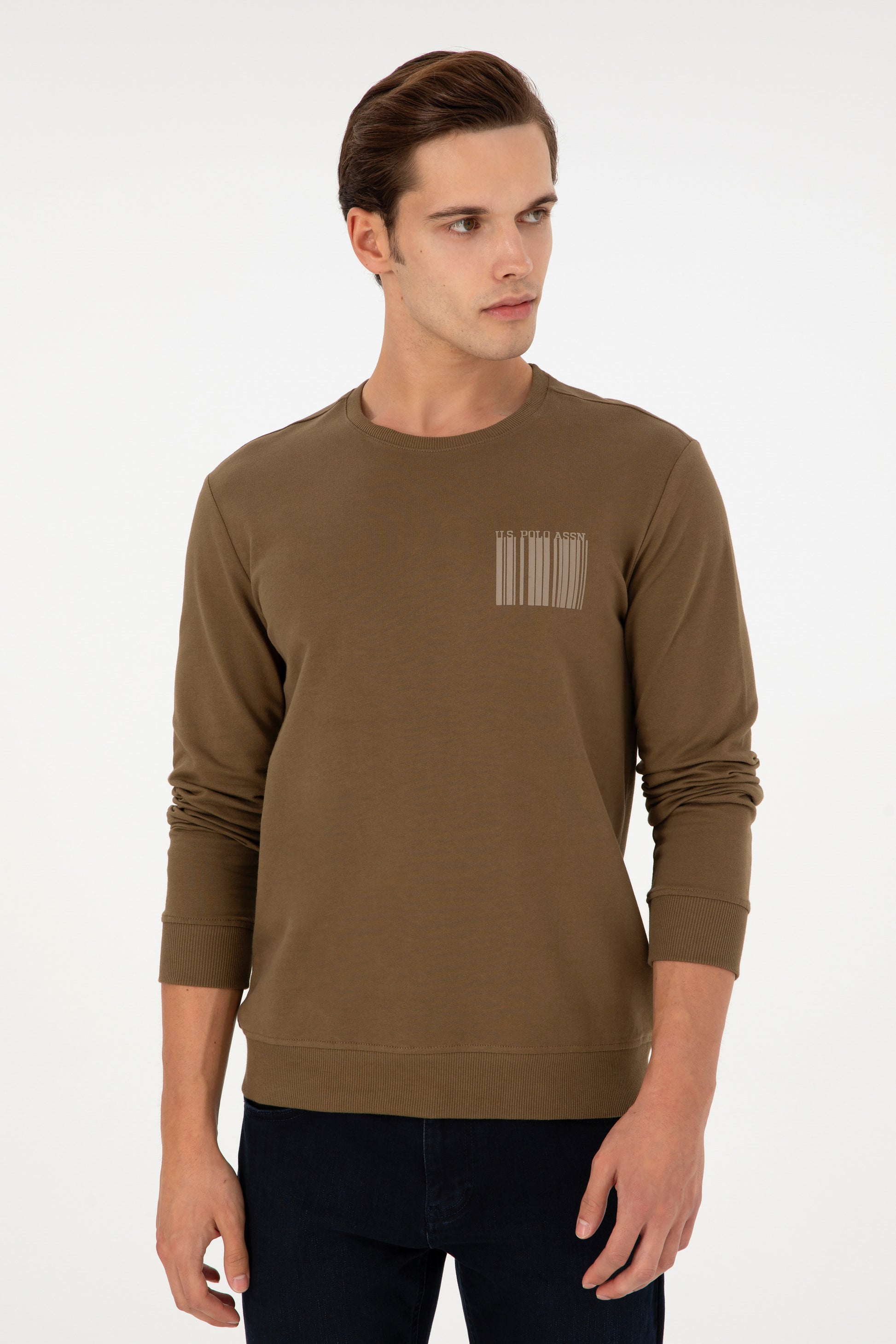 Men's Regular Fit Crew Neck Khaki Sweatshirt