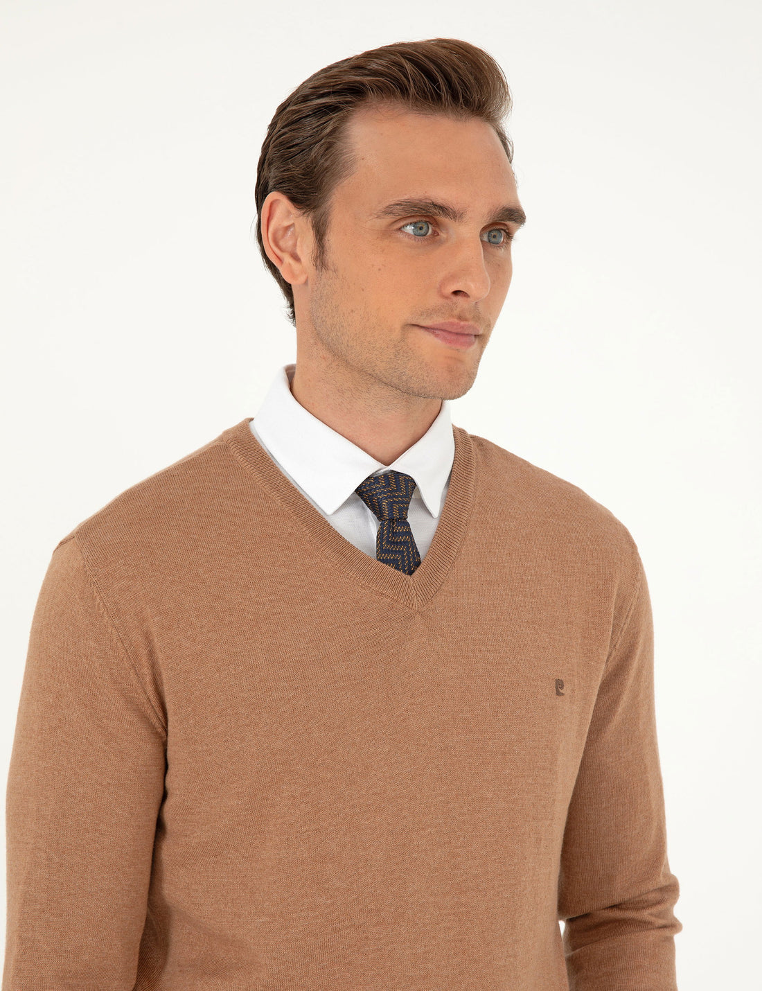 Camel Melange Slim Fit V Neck Basic Knitwear Sweater