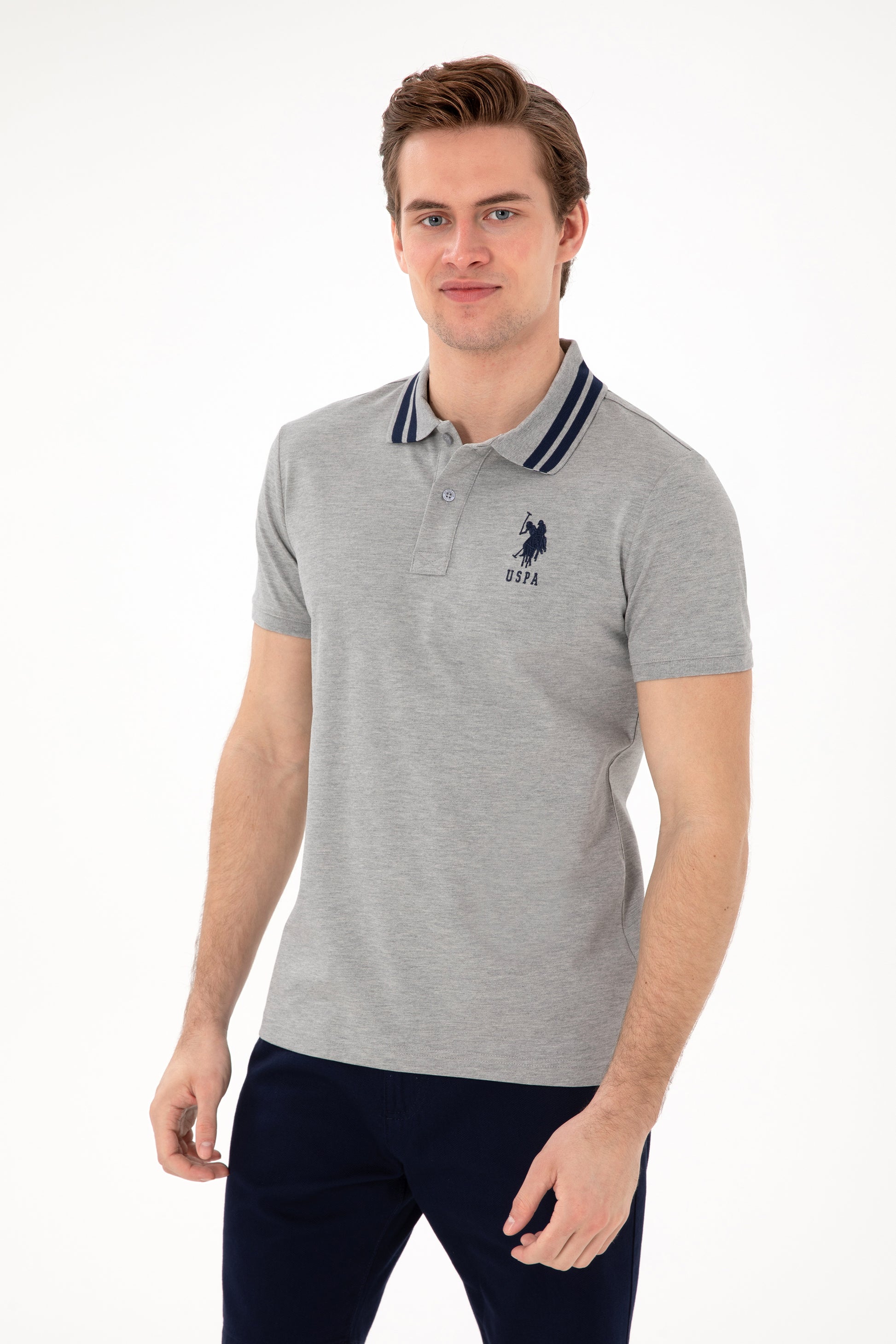 Men's Slim Fit Polo Neck Grey Melange Basic T-Shirt