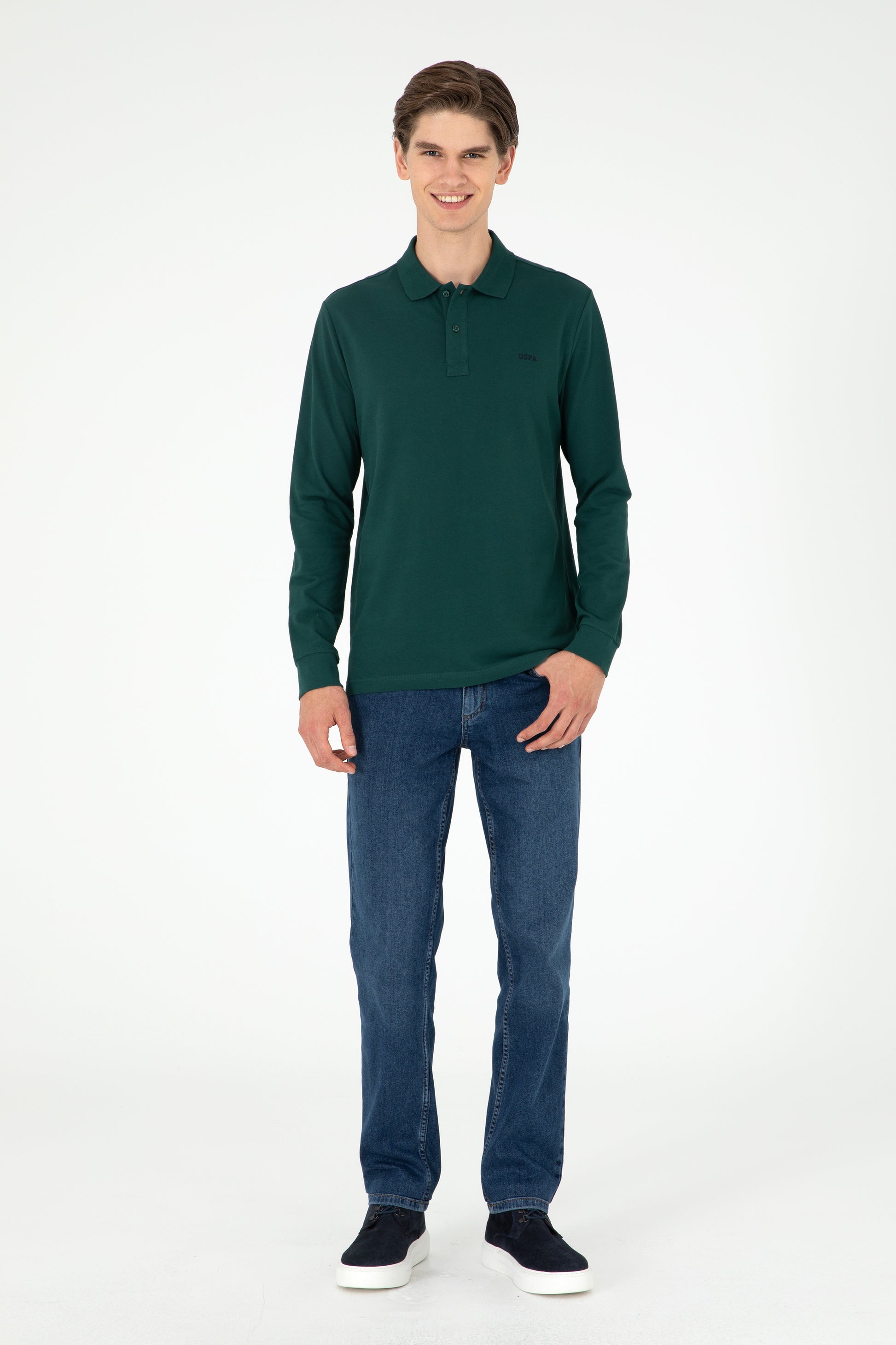 Men's Regular Fit Polo Neck Dark Green Basic Sweatshirt