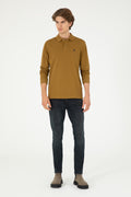 Men's Regular Fit Polo Neck Open Khaki Basic Sweatshirt