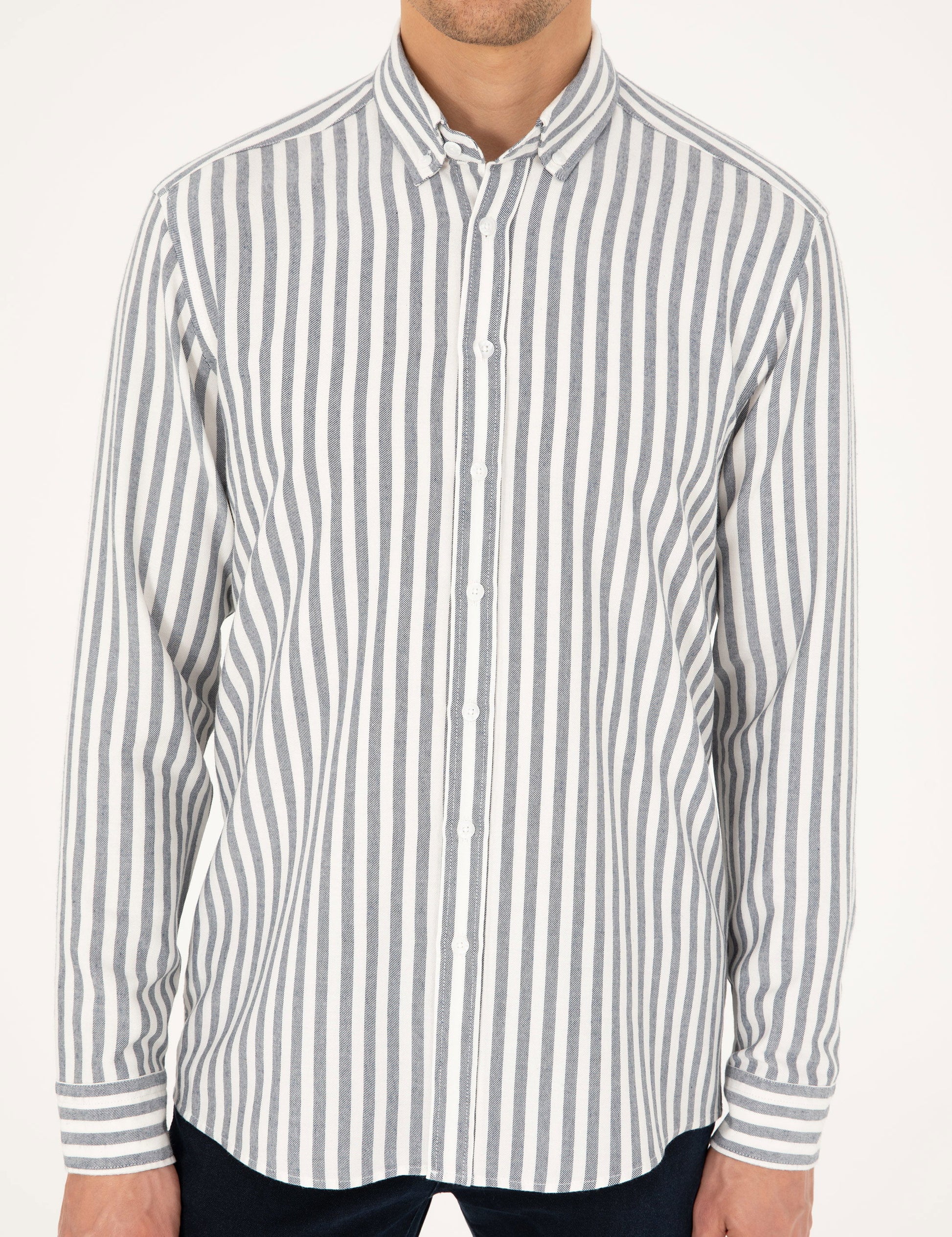 Navy Blue Regular Fit Striped Long Sleeve Shirt