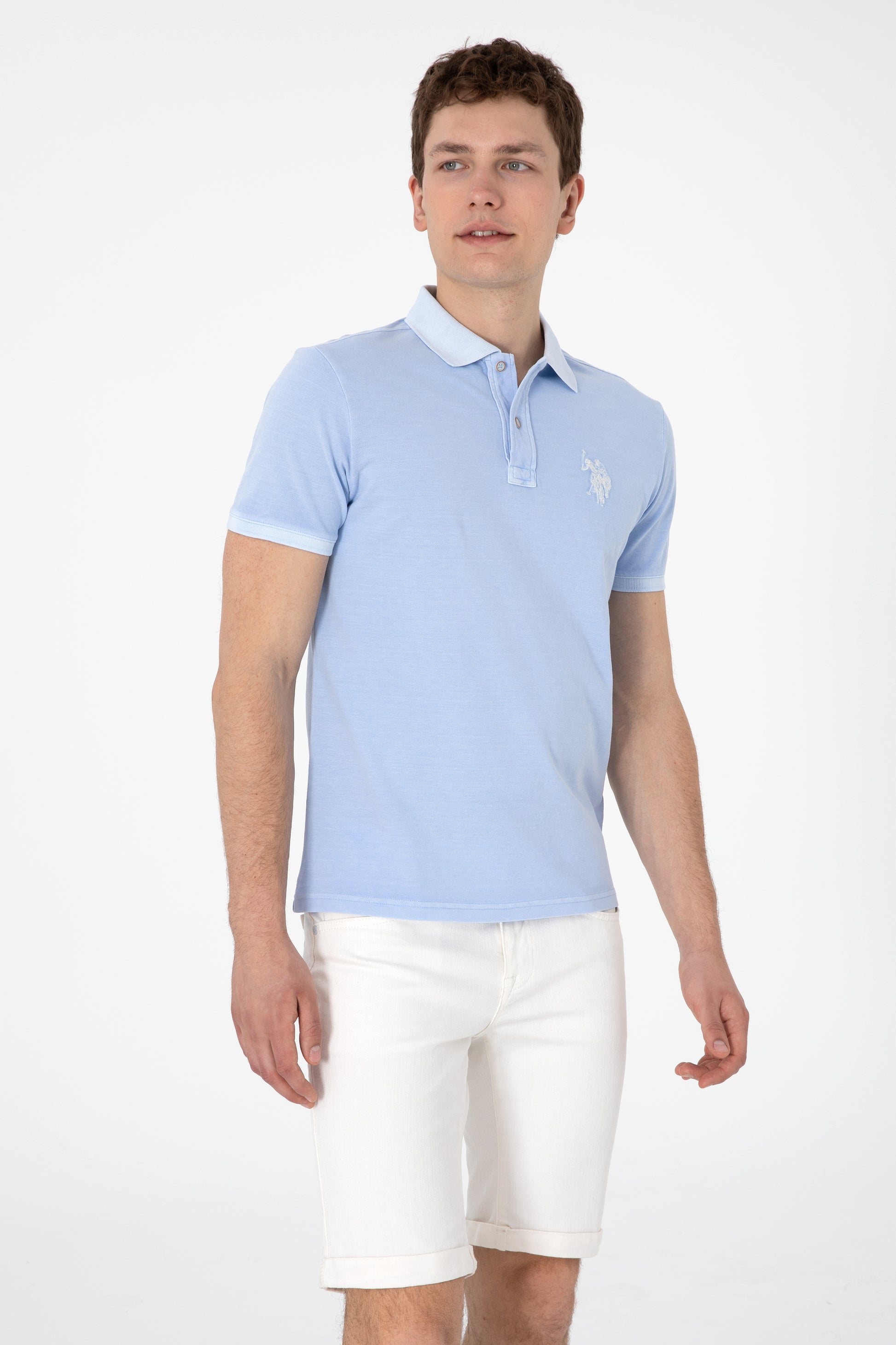 Men's Slim Fit Polo Neck Light Blue Wash Basic T-Shirt
