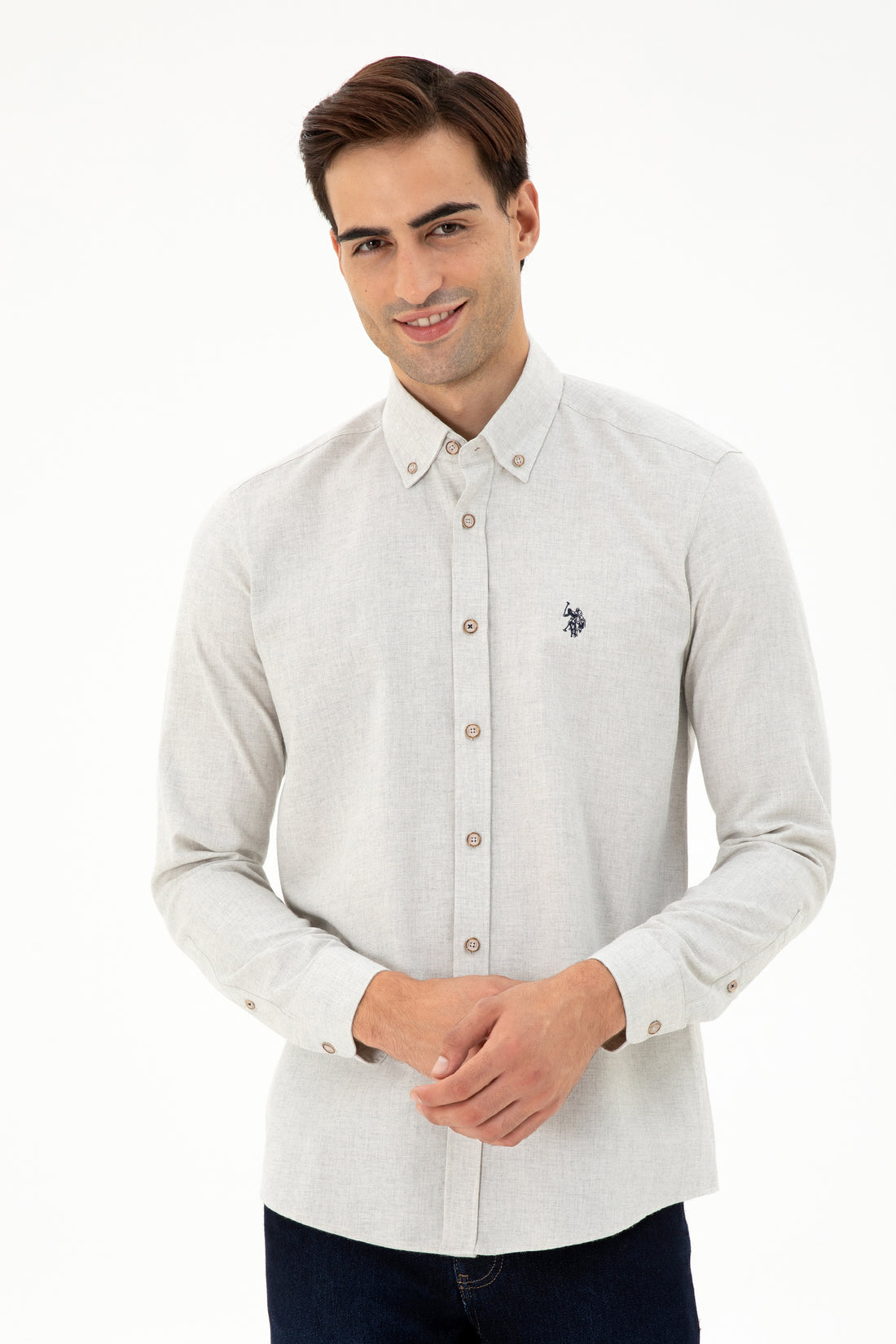 Men's Beige Long Sleeve Basic Shirt