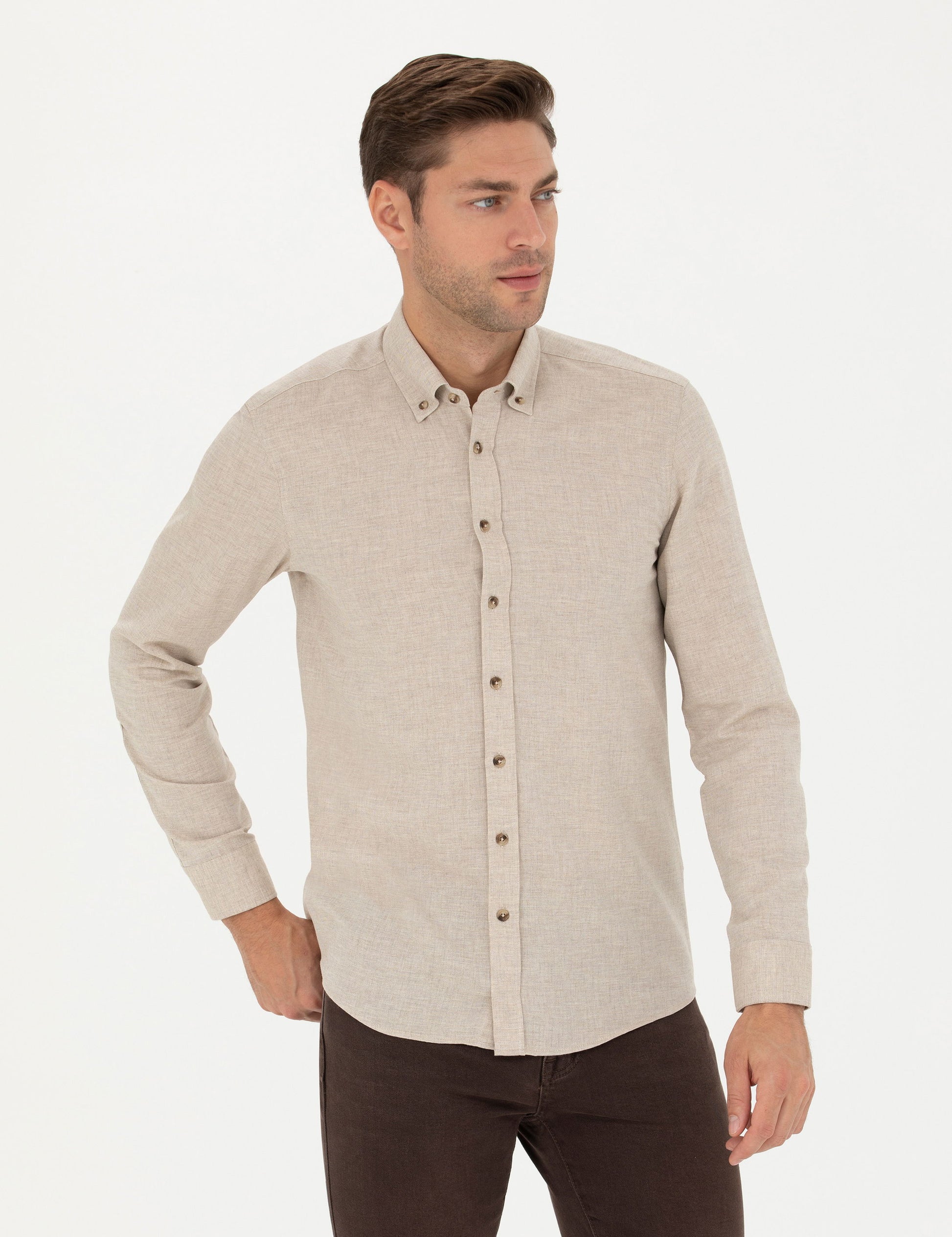 Beige Slim Fit Long Sleeve Shirt