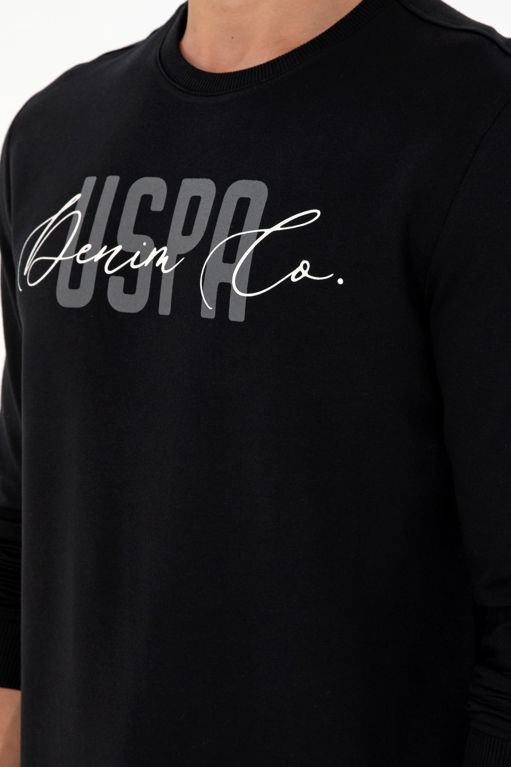 Men's Regular Fit Crew Neck Printed Black Sweatshirt