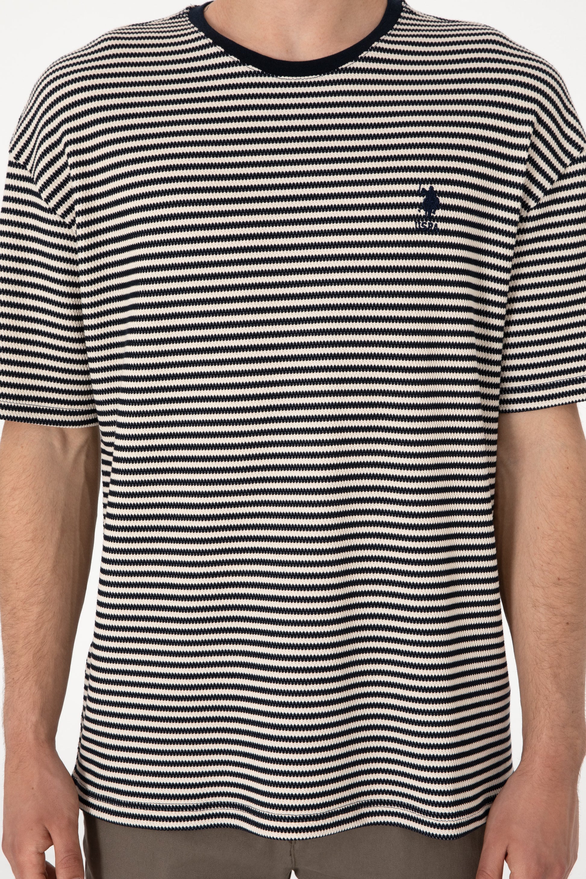 Men's Comfort Fit Crew Neck Navy Knit Patterned T-Shirt