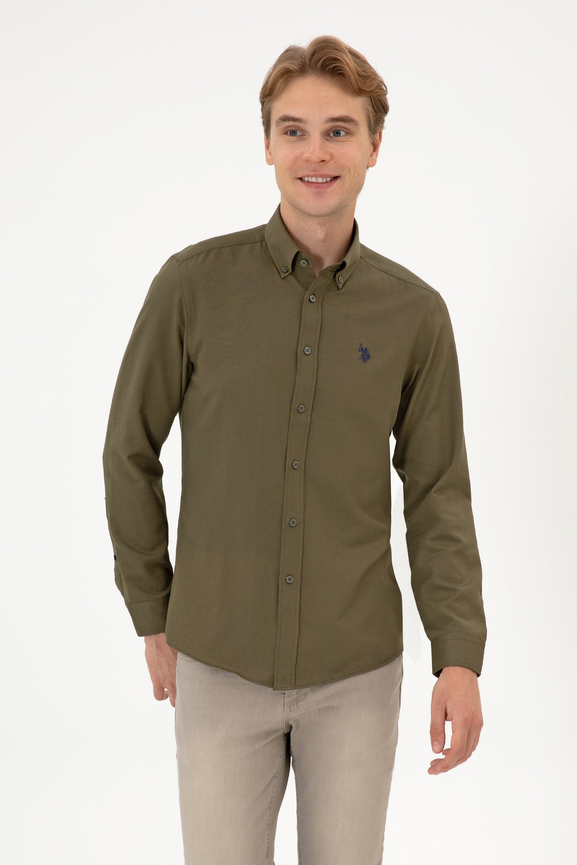 Men's Khaki Long Sleeve Basic Shirt