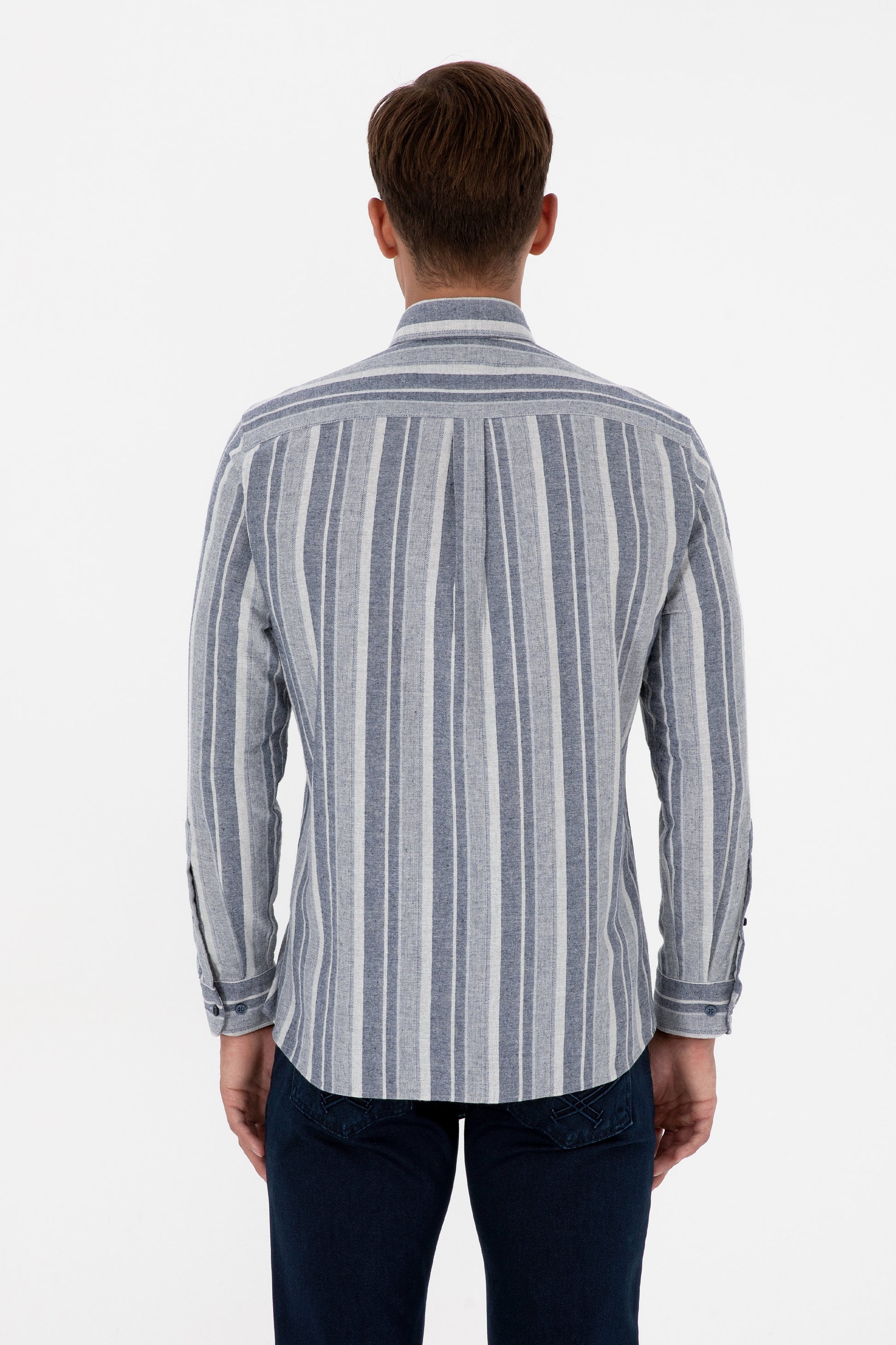 Men's Navy Blue Long Sleeve Striped Shirt