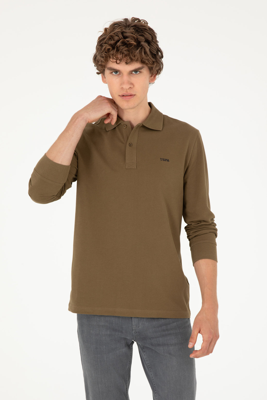 Men's Regular Fit Polo Neck Khaki Basic Sweatshirt