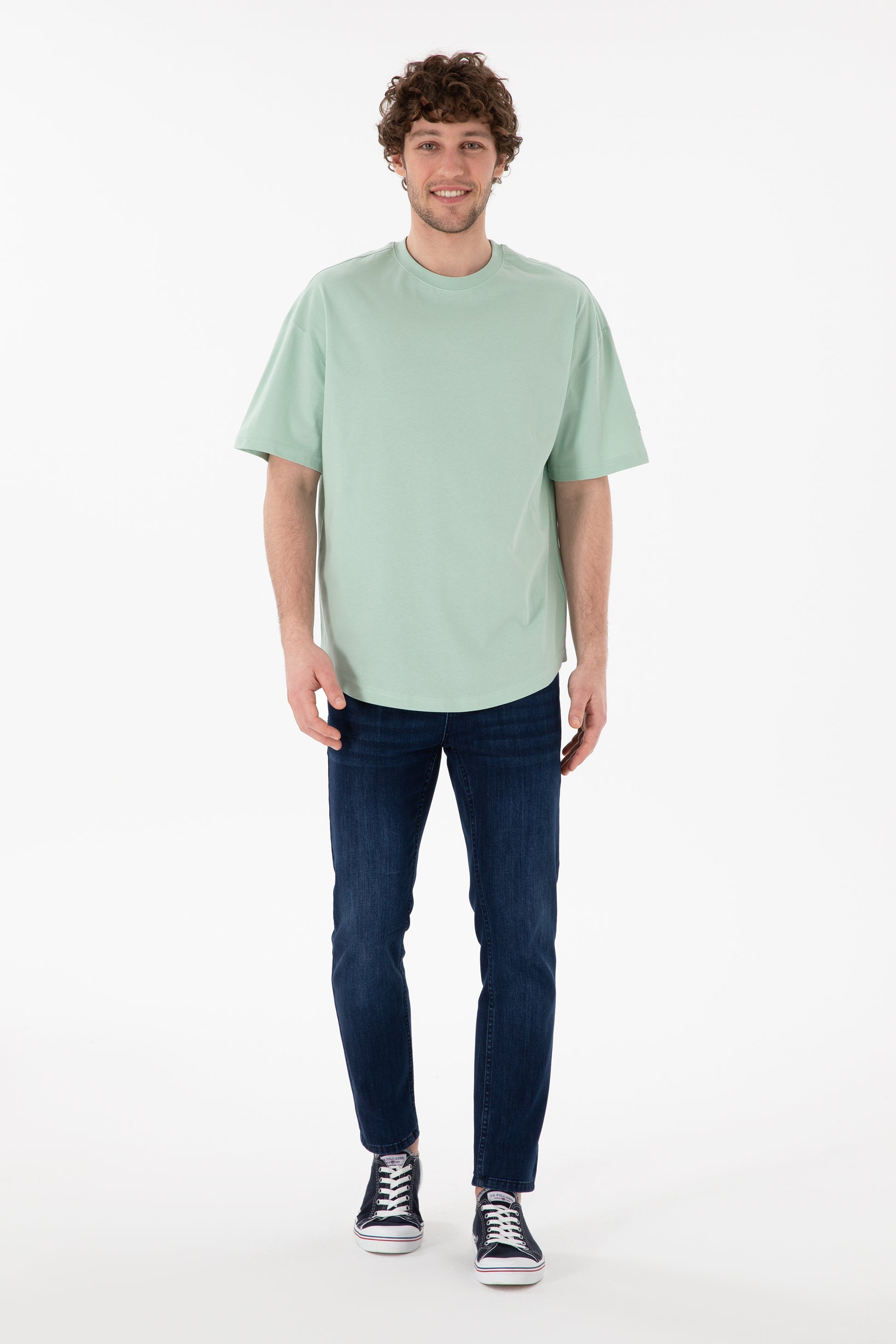 Men's Long Fit Crew Neck Water Green Basic T-Shirt