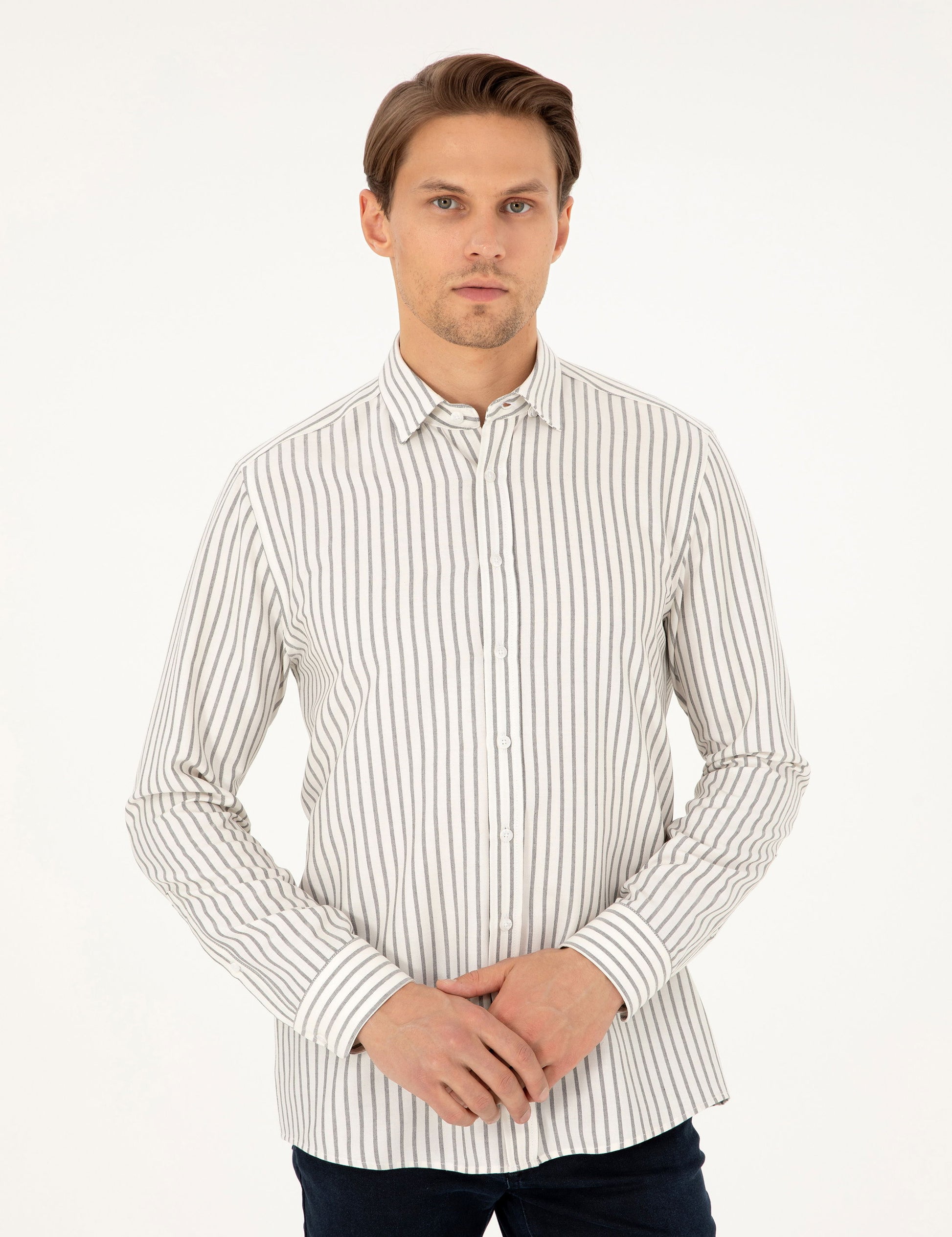 Navy Blue Slim Fit Striped Long Sleeve Shirt