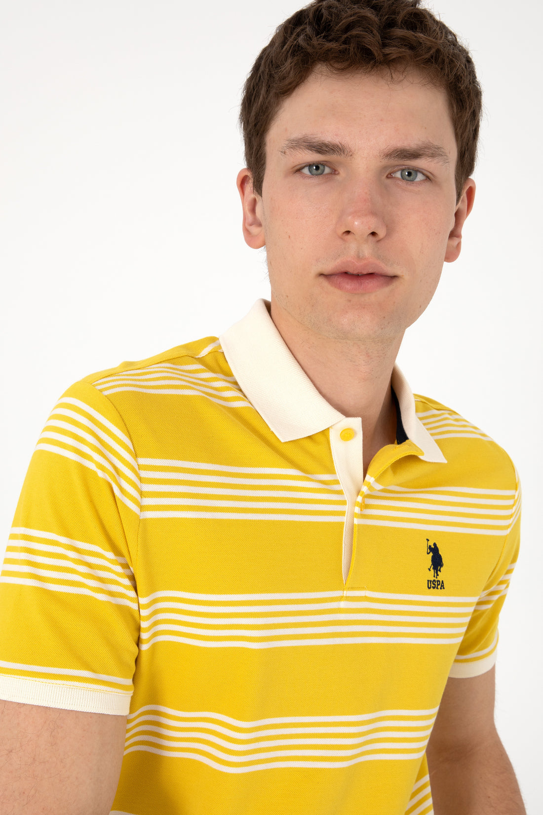 Men's Regular Fit Polo Neck Yellow Striped T-Shirt