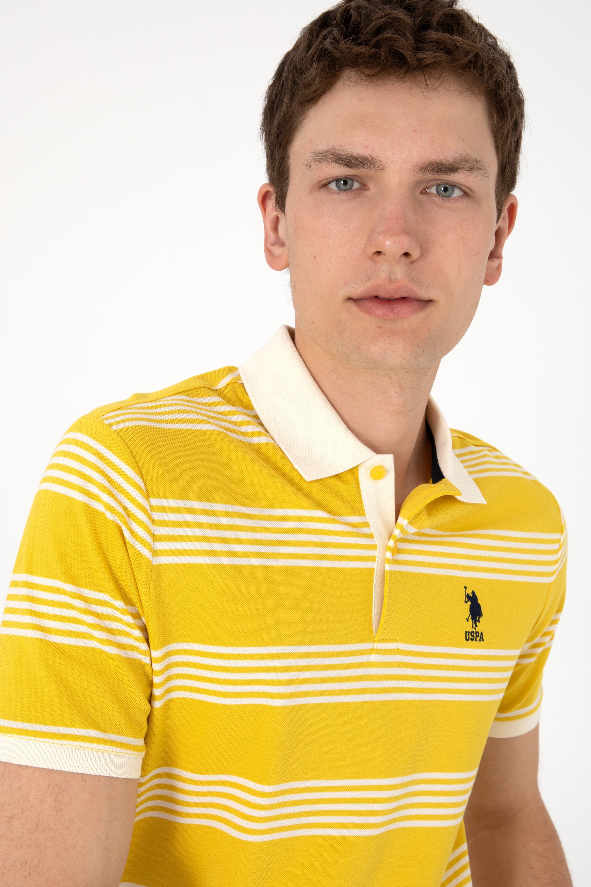 Men's Regular Fit Polo Neck Yellow Striped T-Shirt