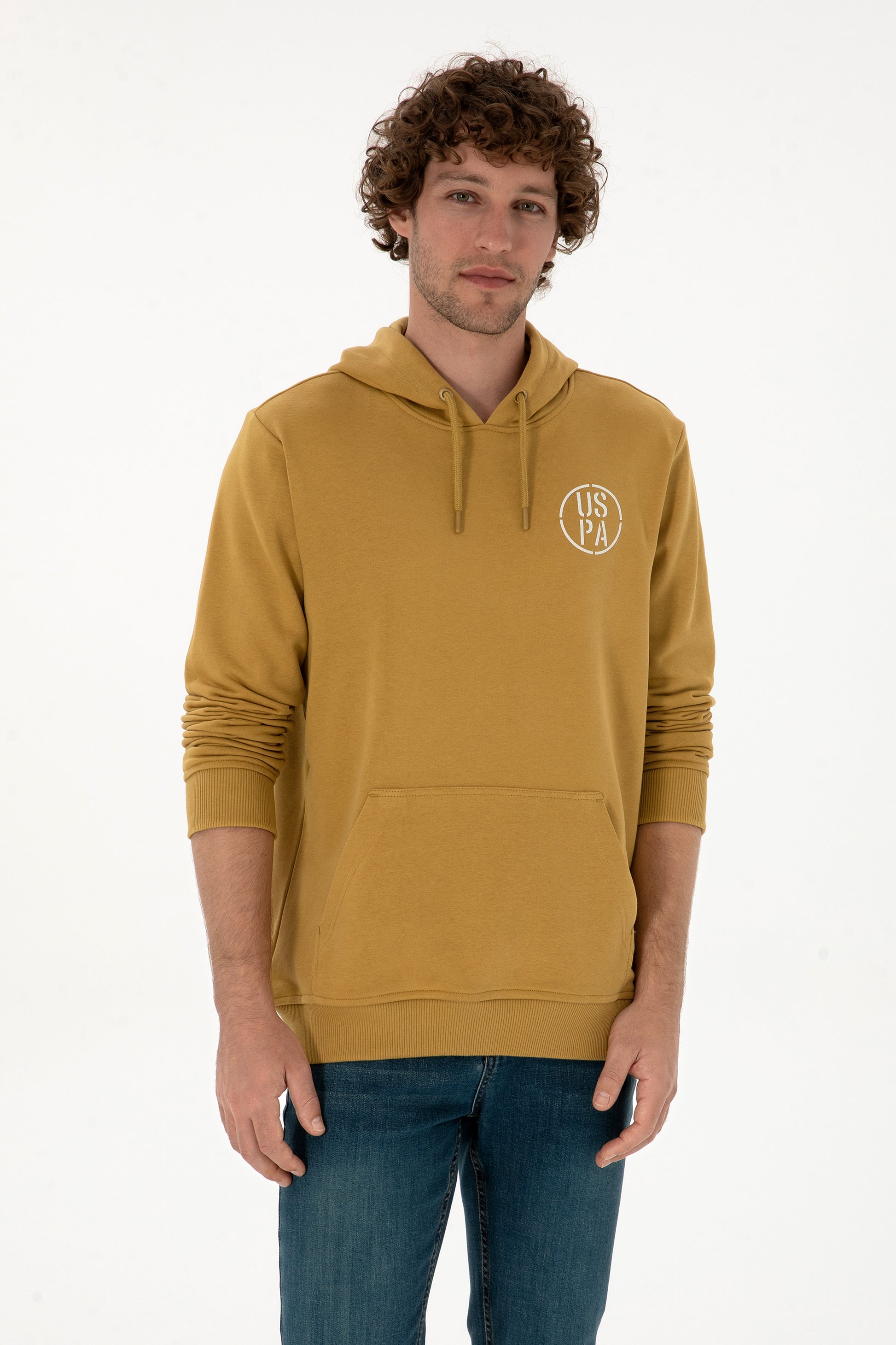 Erkek Regular Fit Kapişonlu Hardal Sweatshirt