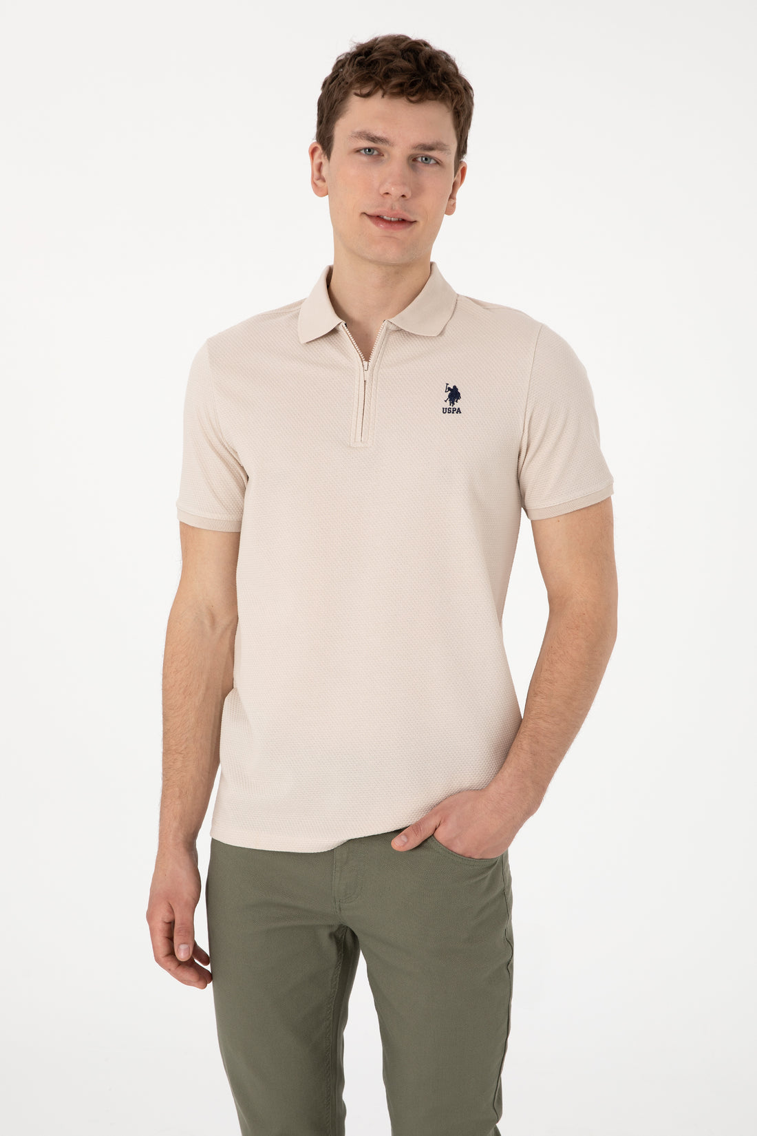 Men's Regular Fit Zipper Stone Textured T-Shirt
