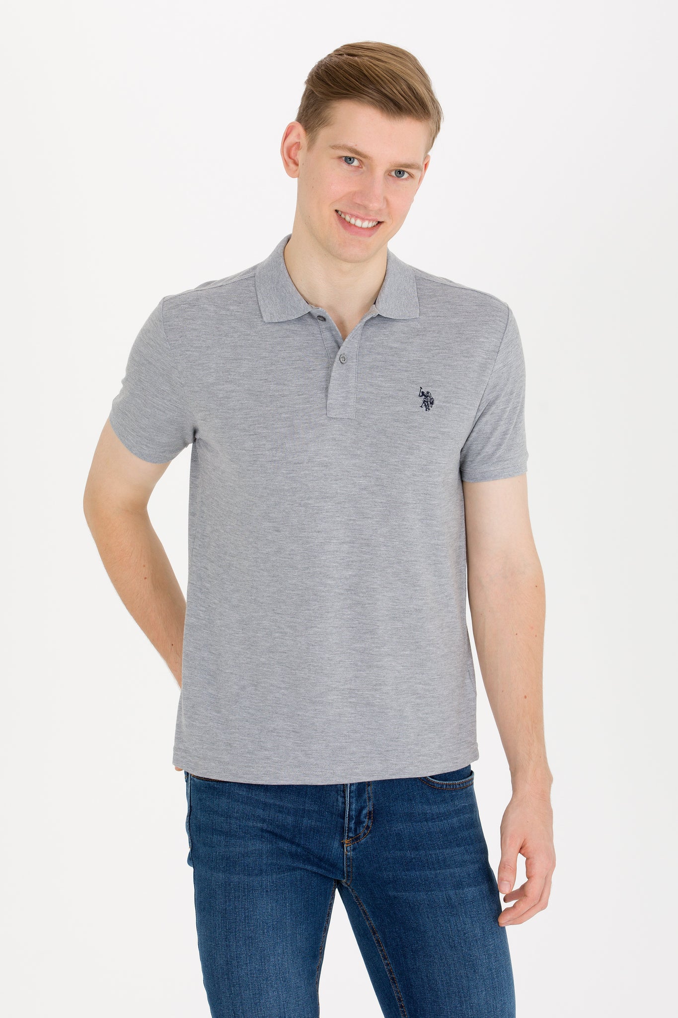Men's Grey Melange Basic Polo Neck T-Shirt