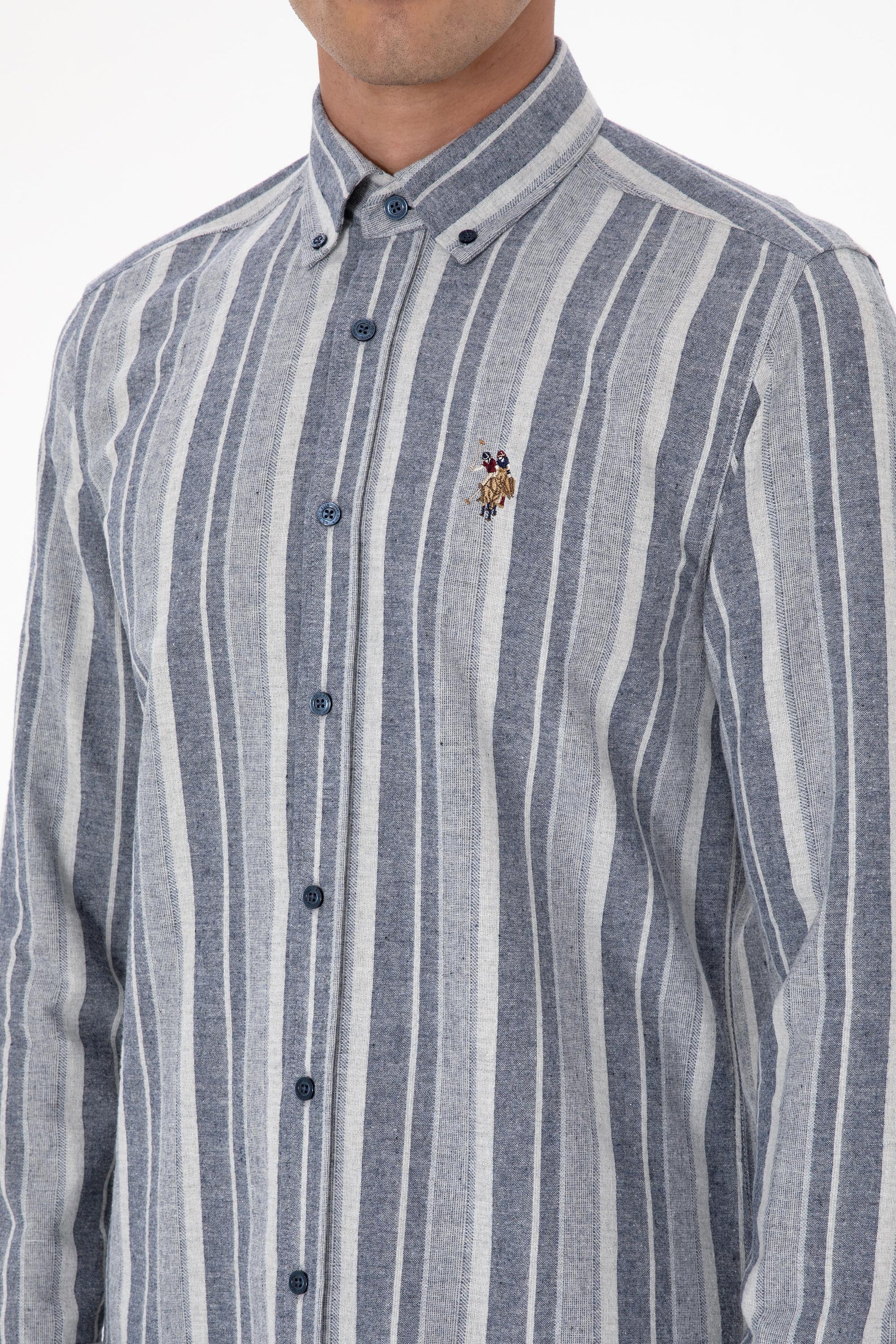 Men's Navy Blue Long Sleeve Striped Shirt