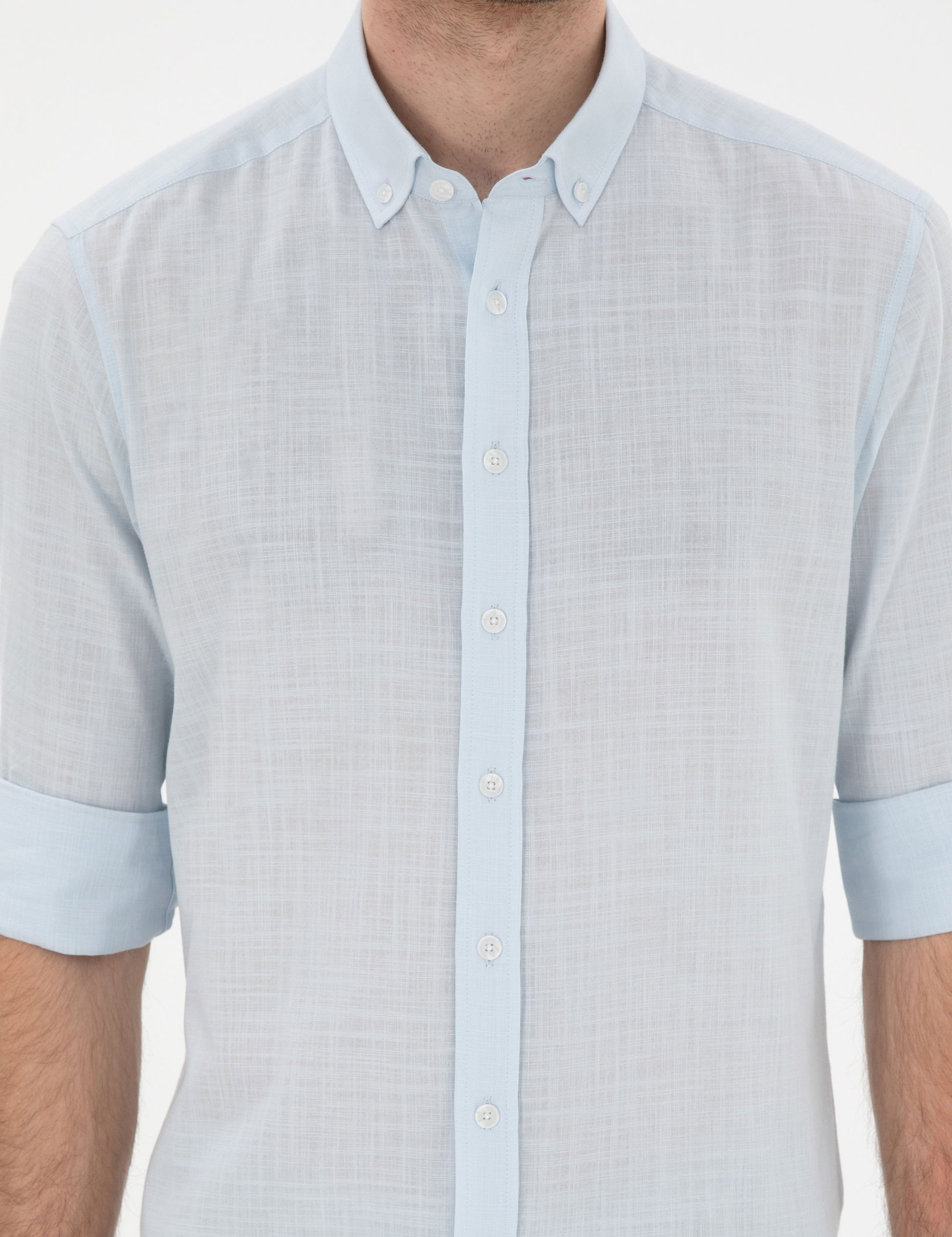 Light Blue Linen Look Slim Fit Long Sleeve Shirt
