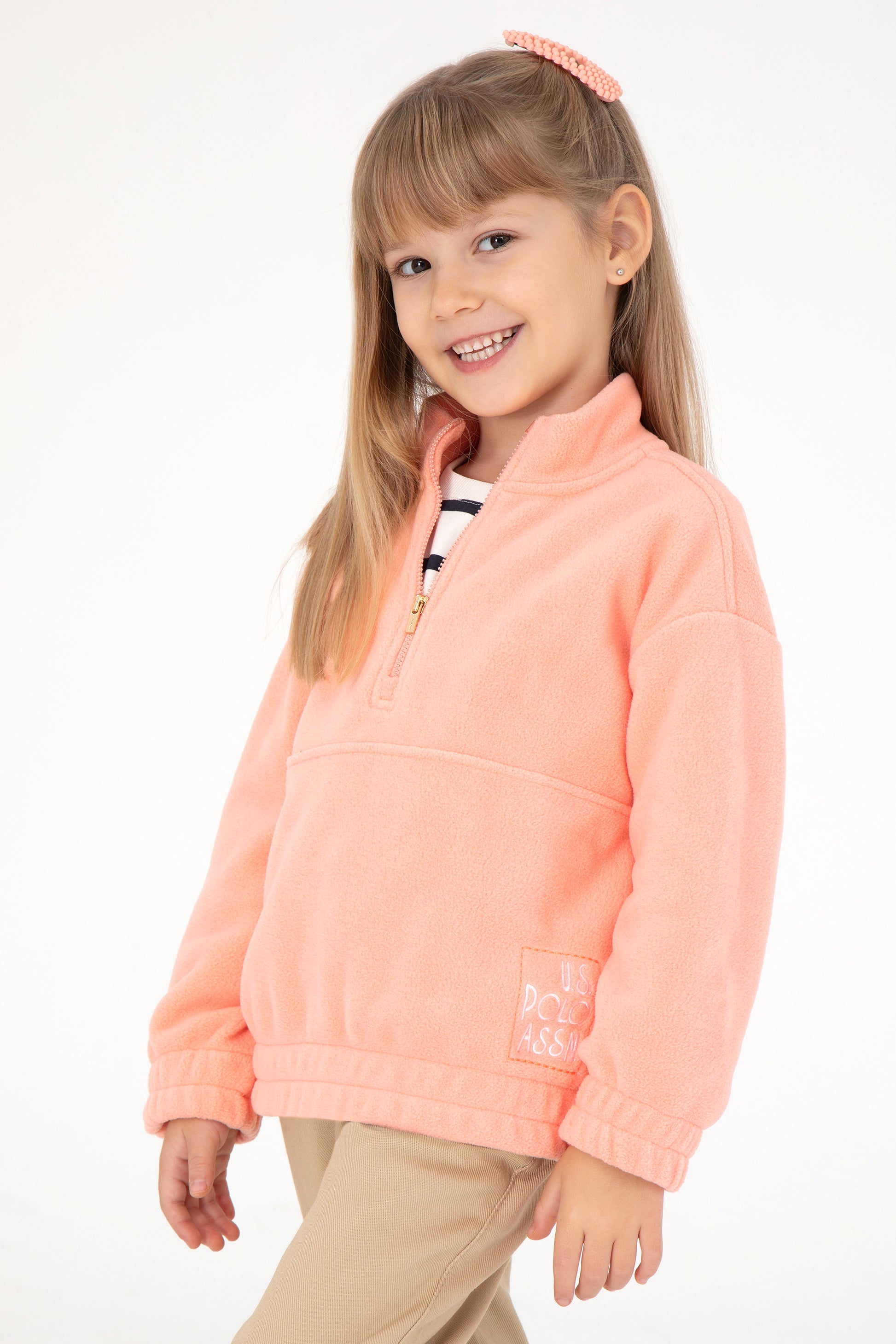 Girls' Half Zipper Salmon Fleece Sweatshirt