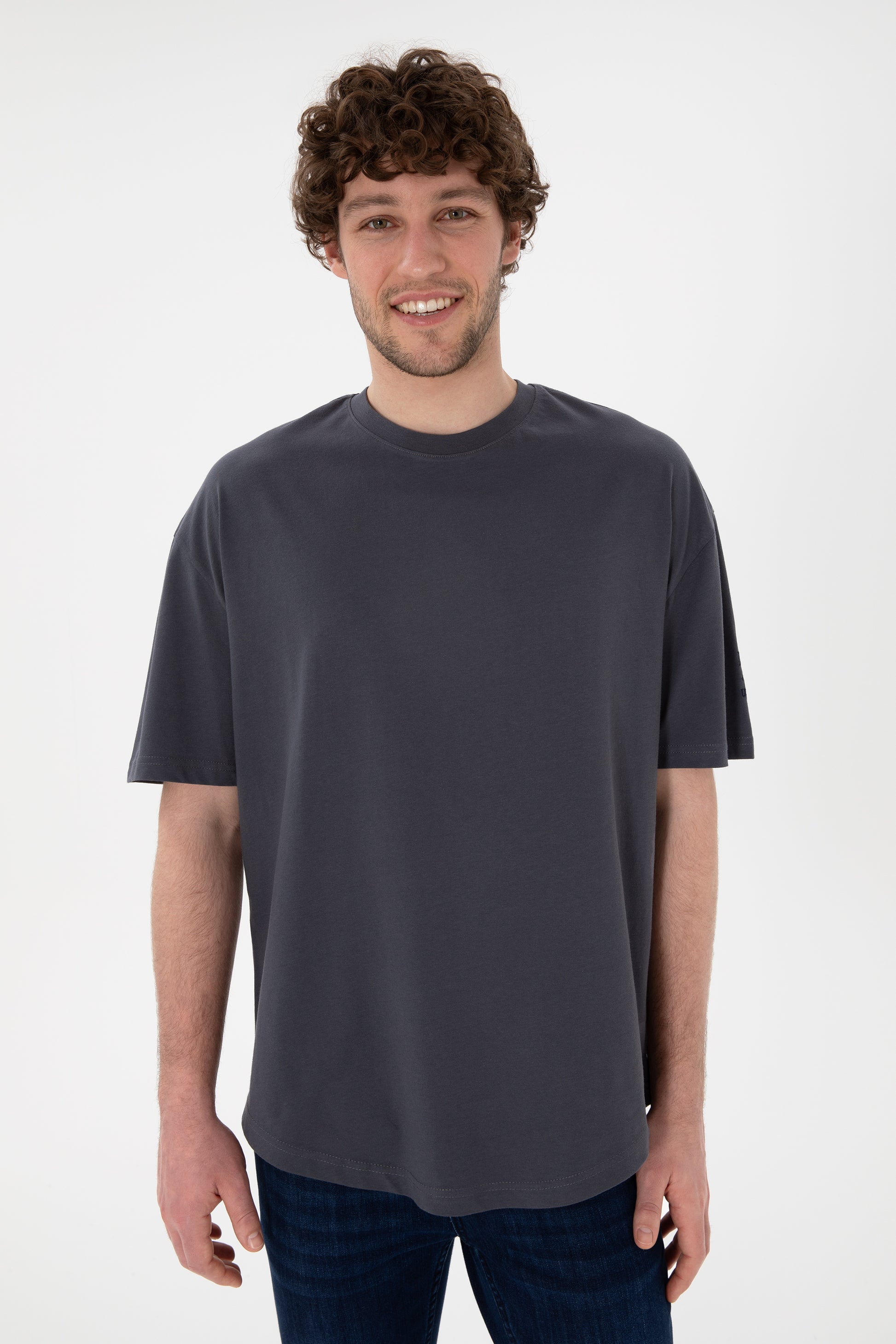 Men's Long Fit Crew Neck Anthracite Basic T-Shirt