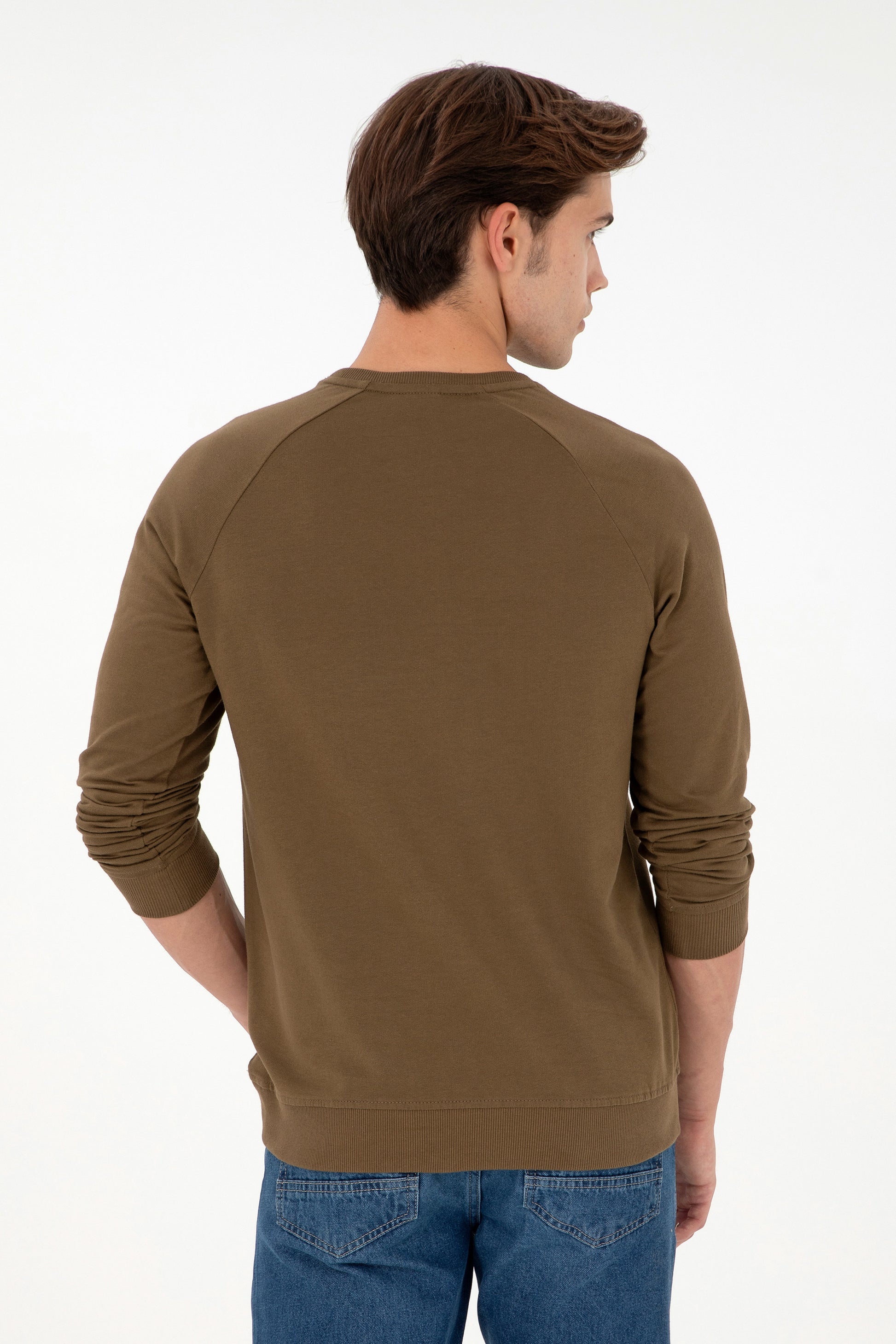 Men's Regular Fit Crew Neck Khaki Basic Sweatshirt