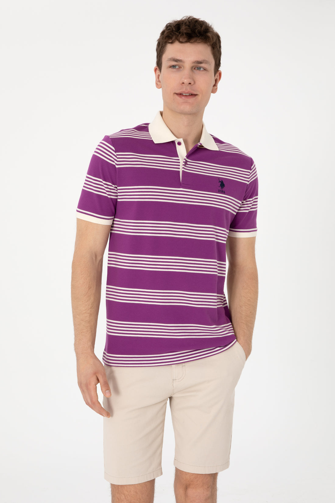 Men's Regular Fit Polo Neck Purple Striped T-Shirt