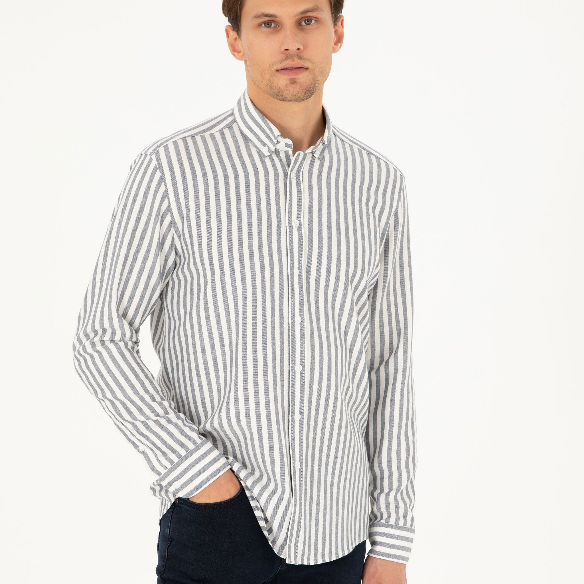 Navy Blue Regular Fit Striped Long Sleeve Shirt