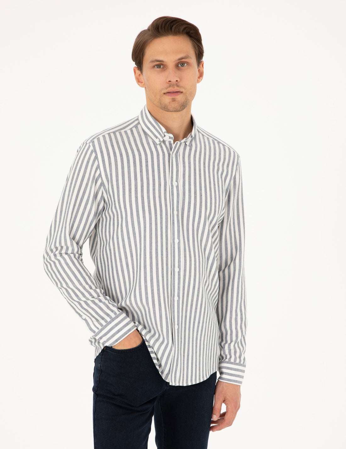 Navy Blue Regular Fit Striped Long Sleeve Shirt