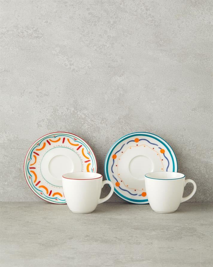 Colorful Lines Porcelain 4 Pieces 2 Seater Coffee Cup Set 90 ml Colorful