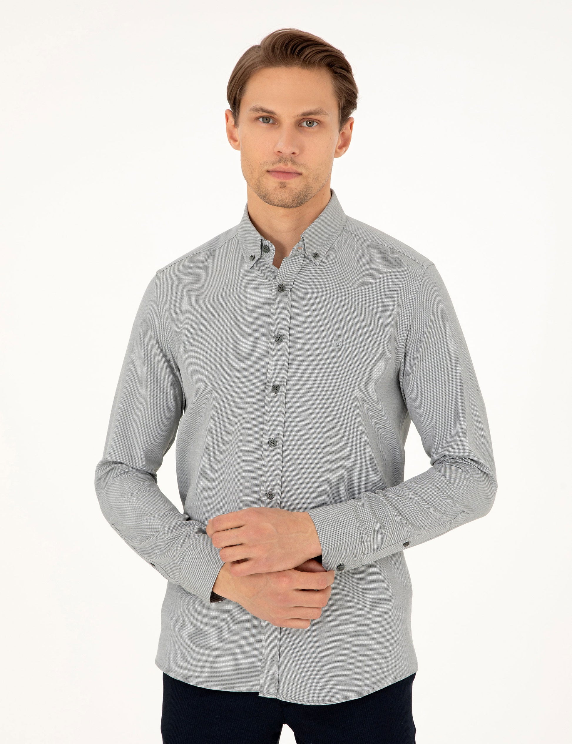 Khaki Oxford Slim Fit Long Sleeve Shirt