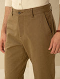 Khaki Carrot Fit Linen Blended Canvas Pants